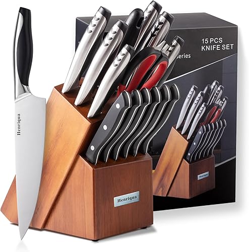 Juego de cuchillos de cocina profesional de 15 piezas con bloque de madera y afilador, bloque de cuchillos con cuchillos, juego de cuchillos de chef