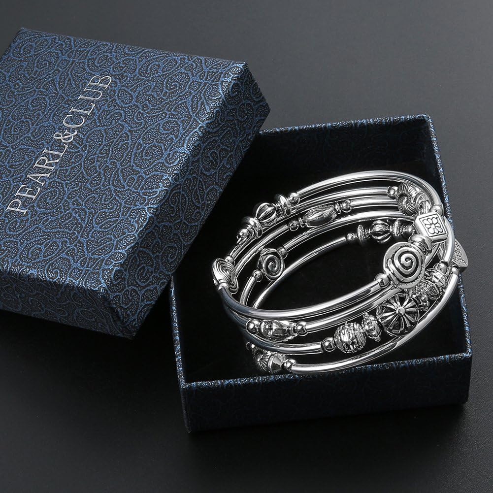 Beaded Pearl Bangle Wrap Bracelet - Fashion Bohemian Jewelry Multilayer Charm Bracelet with Thick Silver Metal Beads, Gift For Women - Image 5