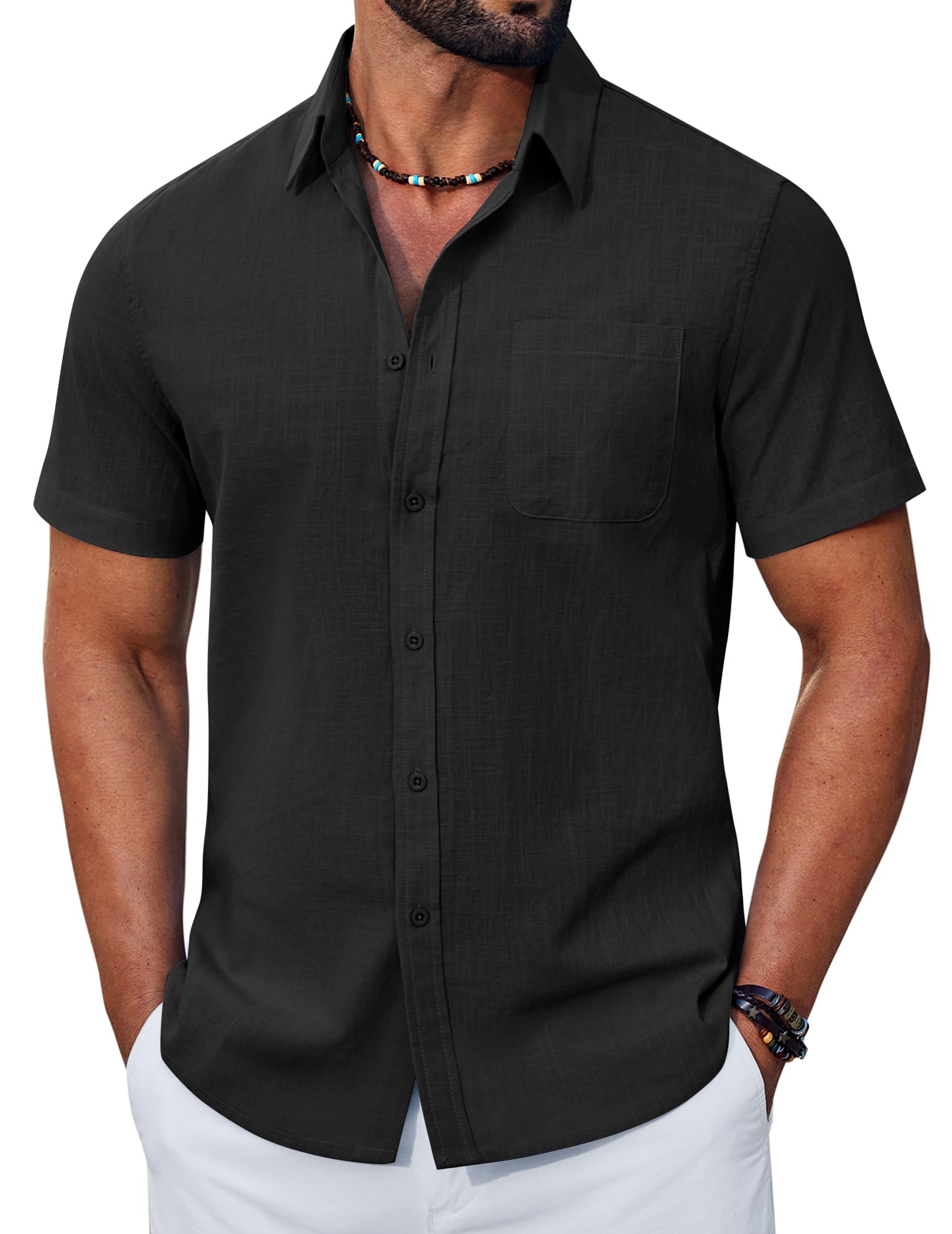 COOFANDY Camicia Uomo a Maniche Corte in Cotone Estiva Regular Fit Camicie Casual con Tasche