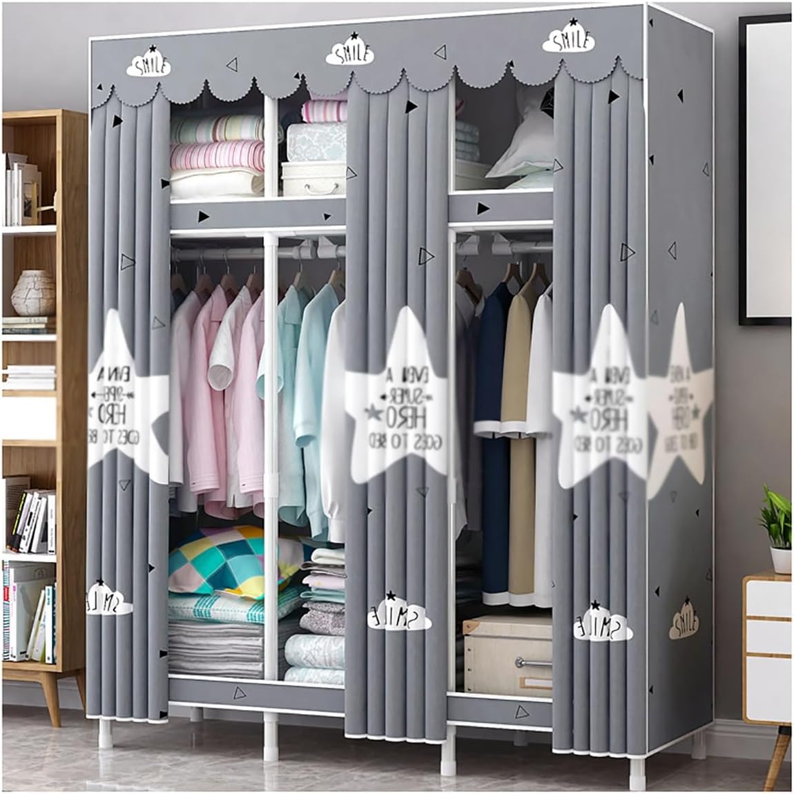 Closet Wardrobe with Cover Closet Organizers with 3 Storage Shelves Portable Closets for Hanging Clothes with 3 Hanging Rods for Bedroom (Color : B, Size : 130x45x172cm)