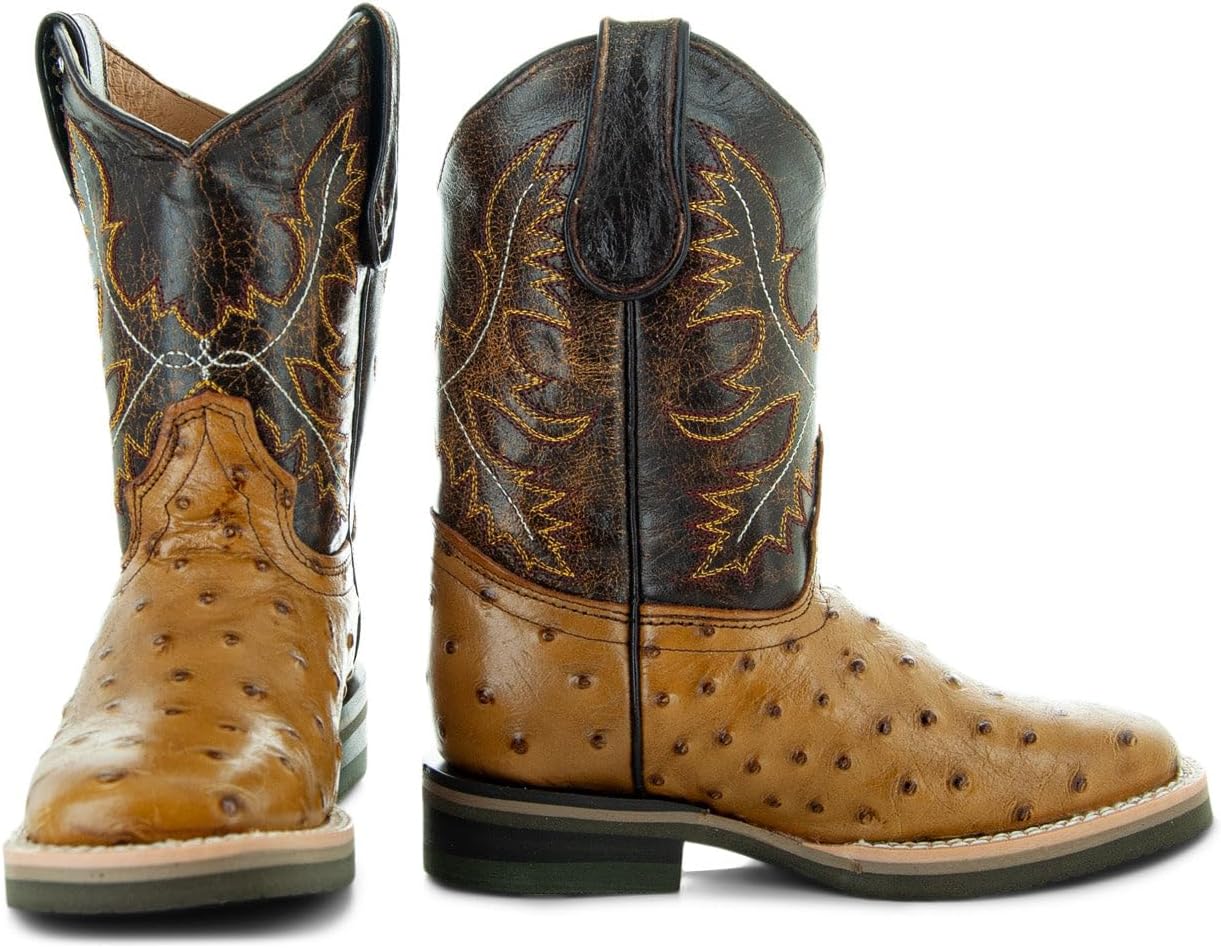 Soto Boots Kids Broad Square Toe Ostrich Print Cwoboy Boots K4007