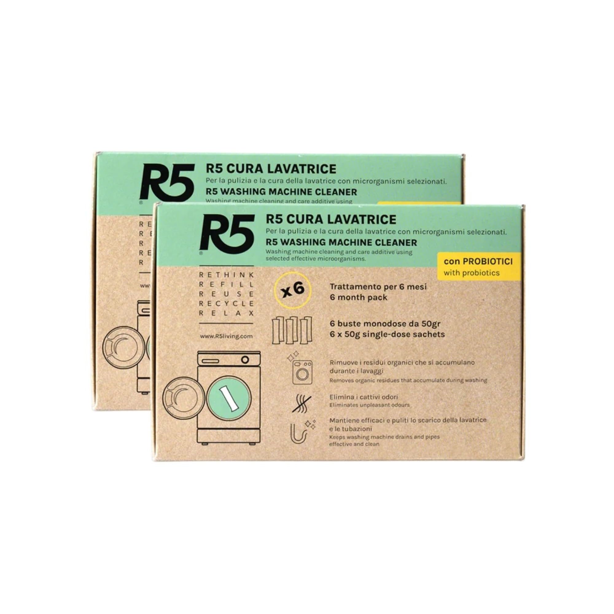 R5, Cura Lavatrice, 12 Dosi, Additivo per Pulizia e Cura della Lavatrice con Microrganismi Effettivi Selezionati, Rimuove Residui Organici e Cattivi Odori, 2 x 6 Dosi