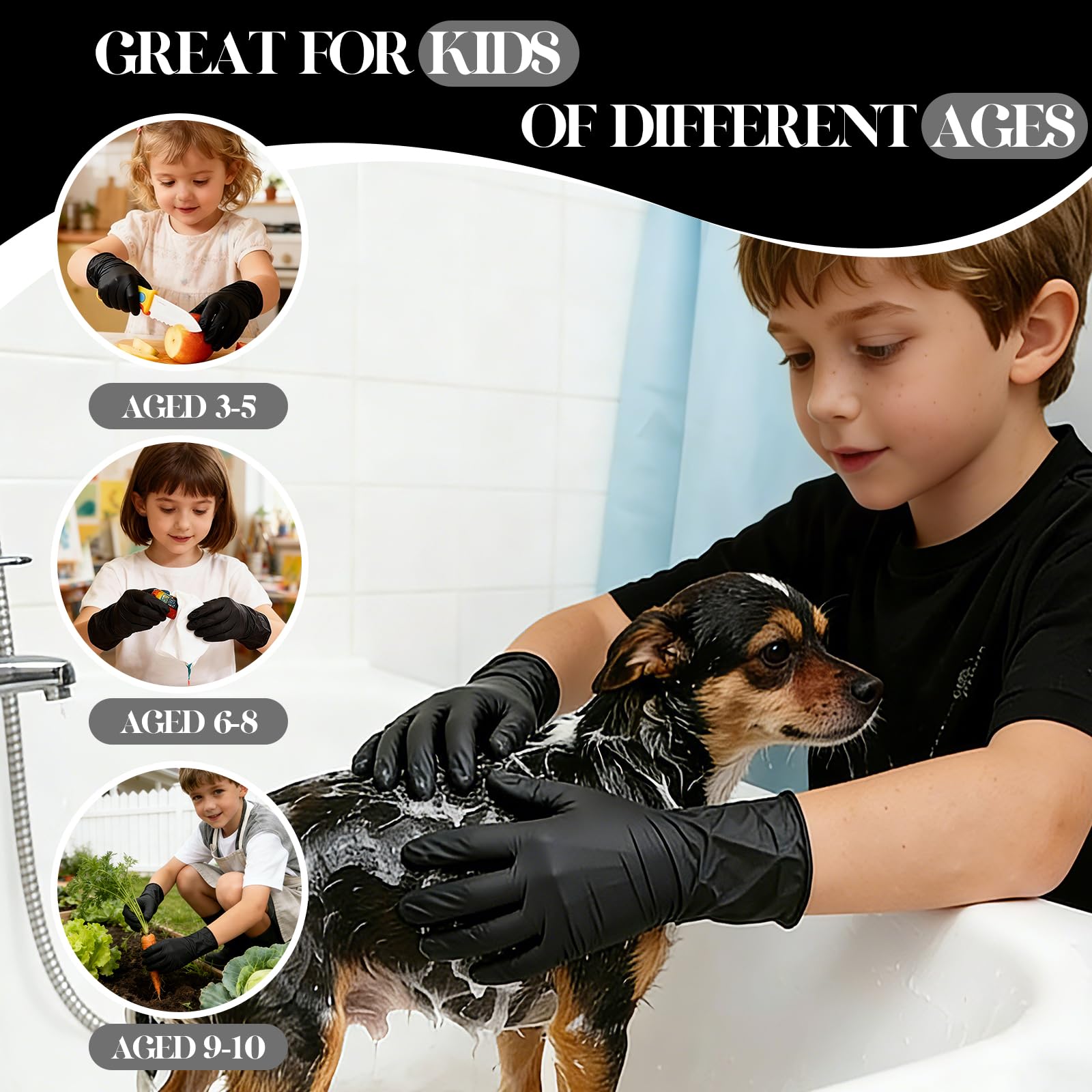 Guanti in nitrile per bambini dai 6 ai 10 anni, guanti monouso neri da 5 mila per lavoro, pulizia, cucina, giardinaggio, vernice, senza lattice e senza polvere (S,50 pezzi)