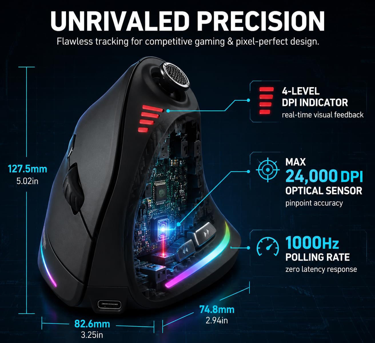 TKMARS Souris Ergonomique sans Fil avec Joystick, Souris Bluetooth Gamer Verticale 12 Boutons Programmables 24000 DPI Réglables Gaming Mouse pour PC MacBook et Ordinateurs Portables
