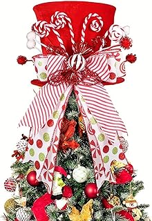 Christmas Tree Topper - Red Tree Top Hat With Candy Canes & Cute Bow, Festive Christmas Star Topper For Holiday Tree Decorations, Home & Office Xmas Gift