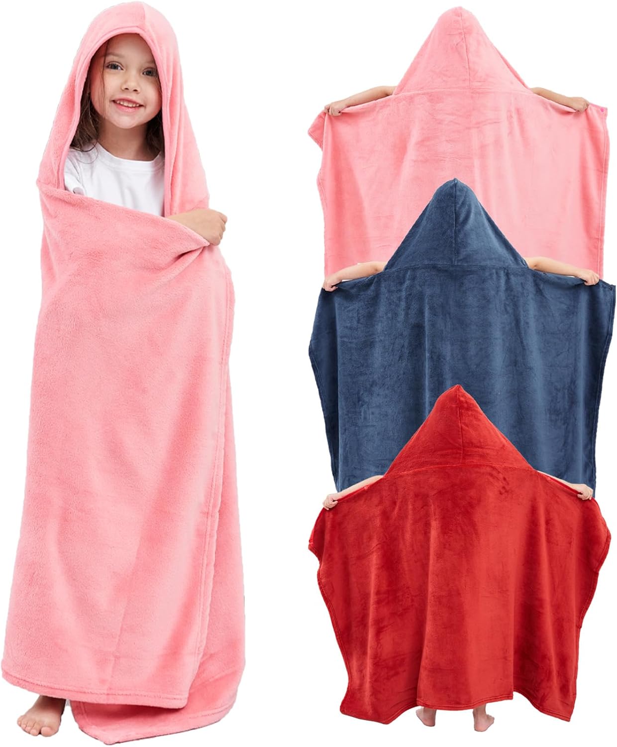 Hiturbo 3Pcs Kids Fleece Hooded Towel: Soft Plush Warm Blanket - 50"x30" Pool Beach Bath Swim Towel Wrap for 3-12 Yrs (Navy+Pink+Red)