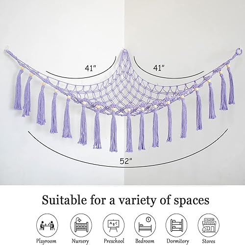 Miniatura 5 de Red de animales de peluche o hamaca de juguete de macramé de malla de esquina grande para almacenamiento de juguetes de pared, soporte para animales