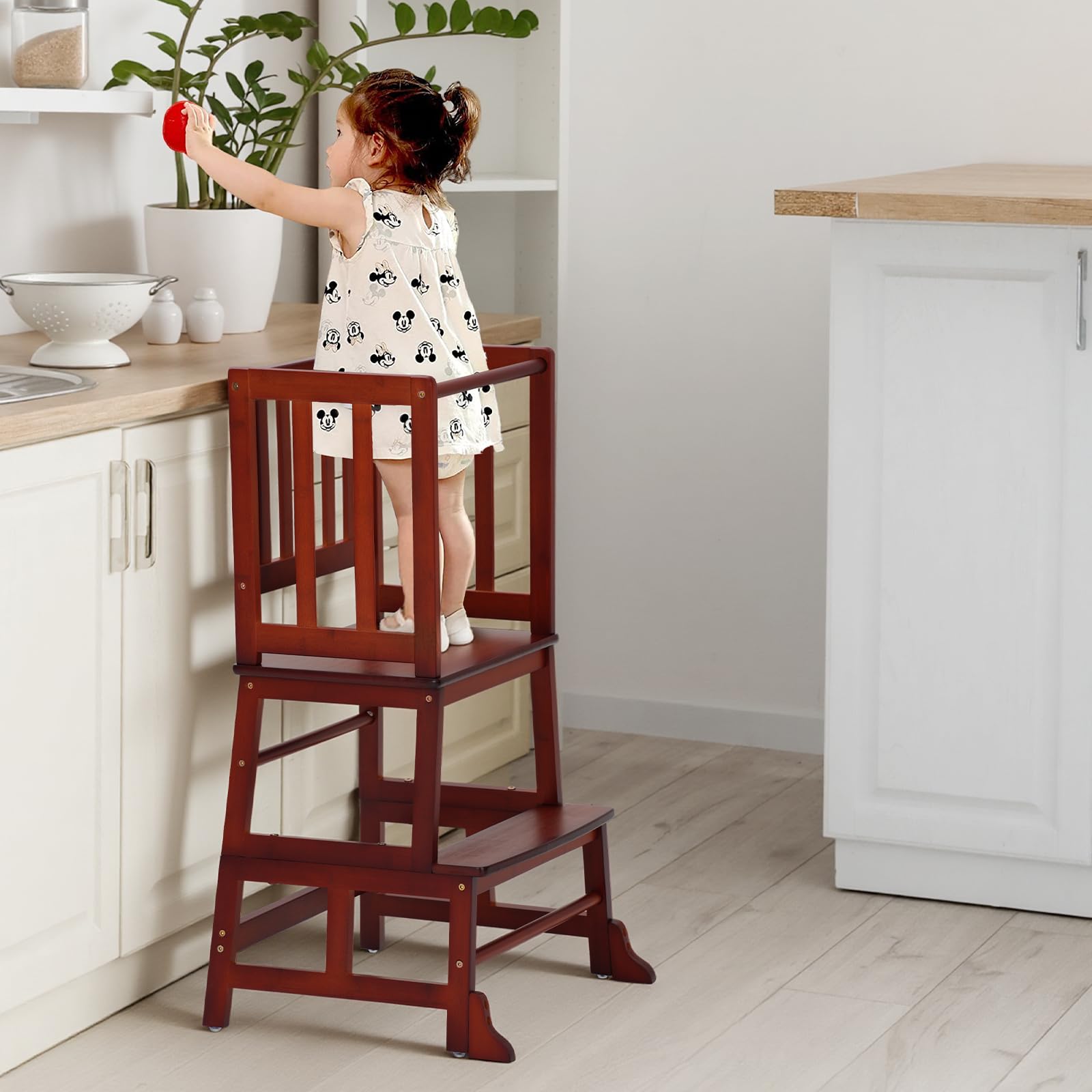 COSYLAND Toddler Kitchen Step Stool - Nursery Step Stool for Kids with Anti-fall Feet - Wodden Standing Tower for Kitchen Counter - Mothers' Helper Kids Learning Stool (Brown) — image 1