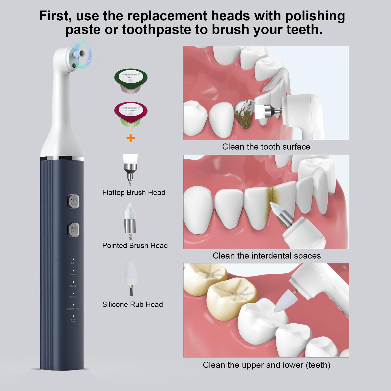 Pulidor de dientes y removedor de placa, herramientas de limpieza de dientes para limpieza y pulido de dientes, herramientas de limpieza dental para iluminar y pulir dientes con 5 cabezales de cepillo