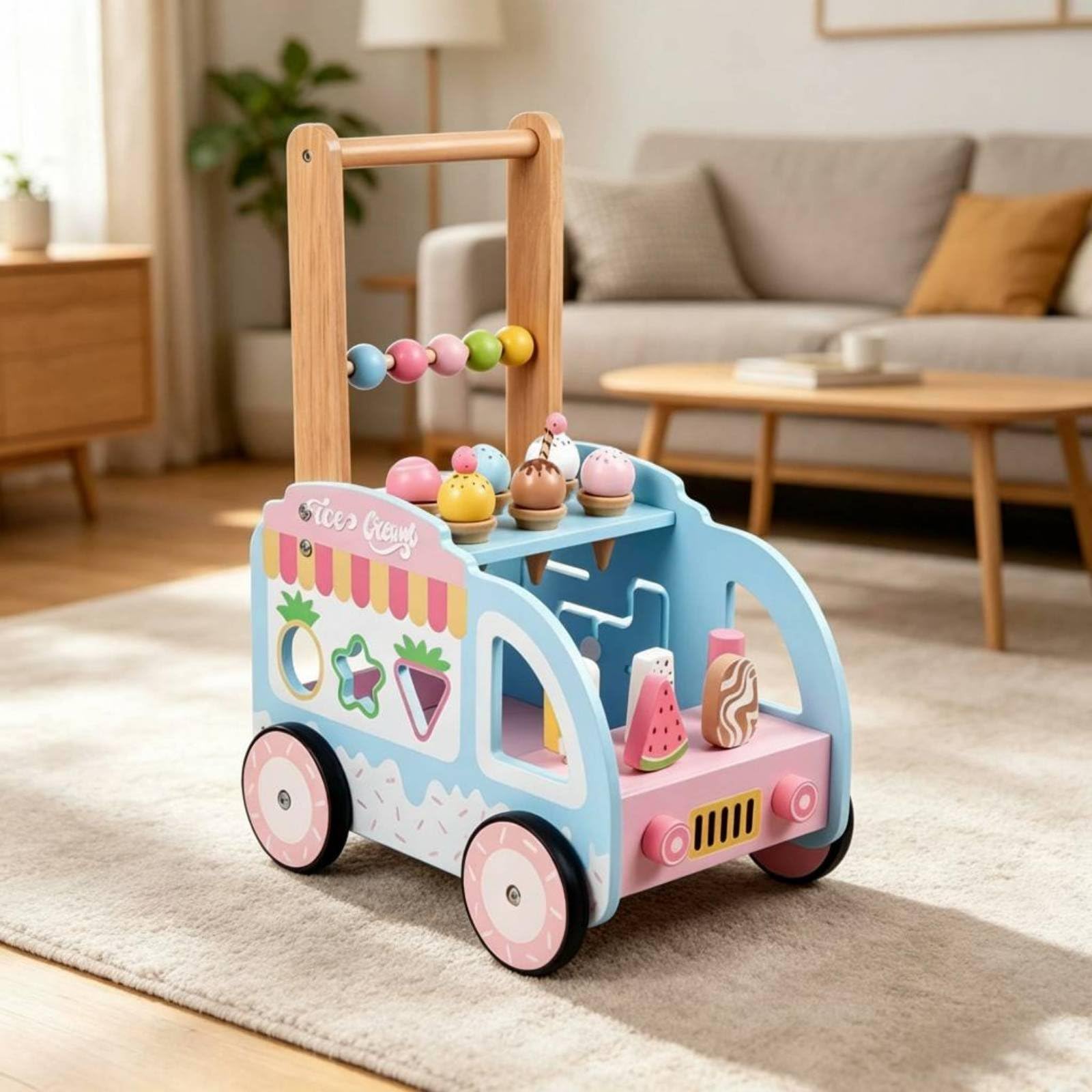 Carrello Gelato in Legno Multifunzione Carrello Primi Spostamenti in Legno Sicuro Giocattolo Educativo per Neonati, Asilo