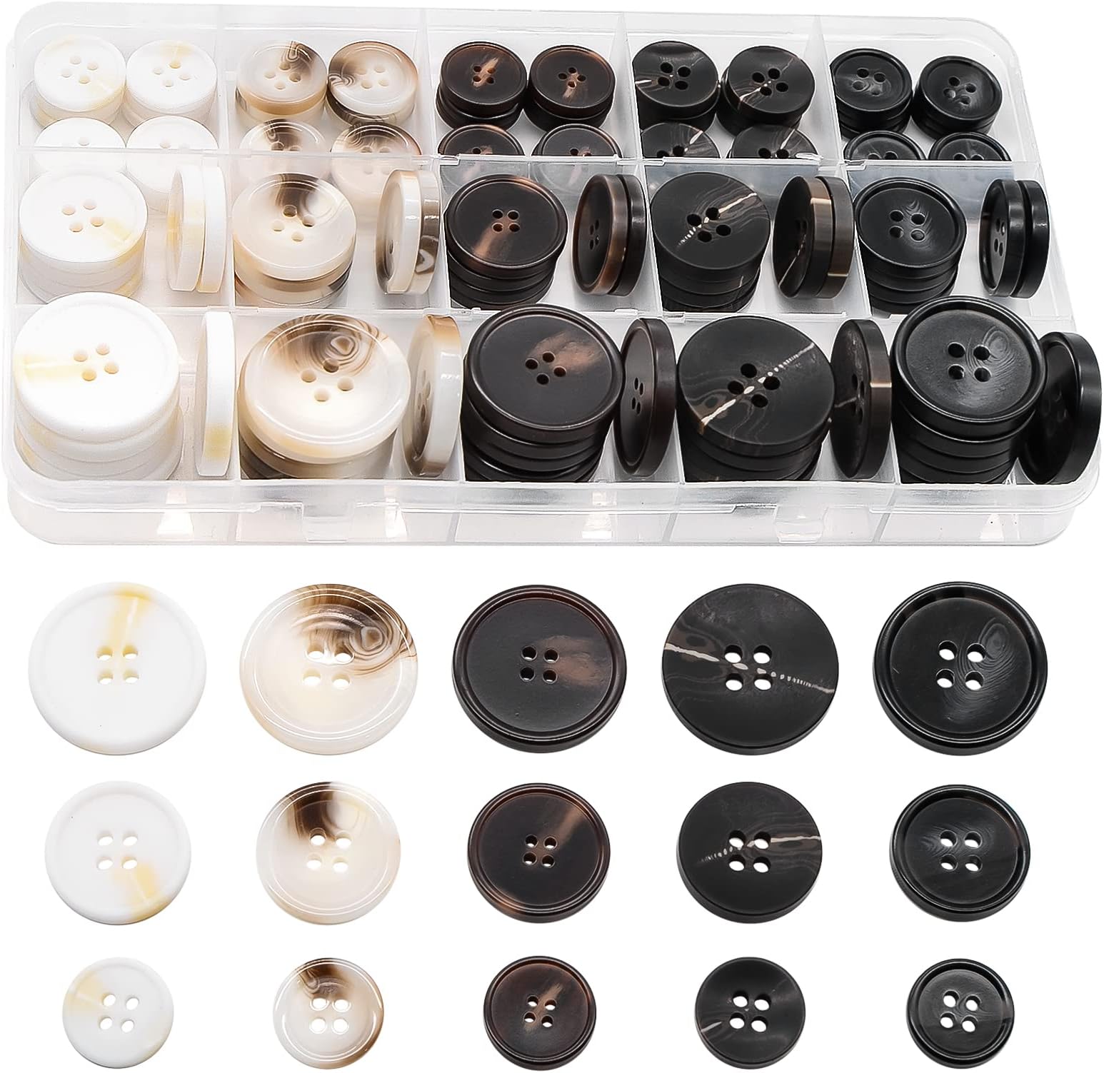 110 Pcs Mixed Sewing Buttons, 4-Hole Craft Buttons Round Blazer Buttons, 5 Color 3 Sizes: 0.6 inch (15 mm), 0.8 inch (20 mm), 1.0 inches (25 mm), Suit Coats Resin Button with Storage Box