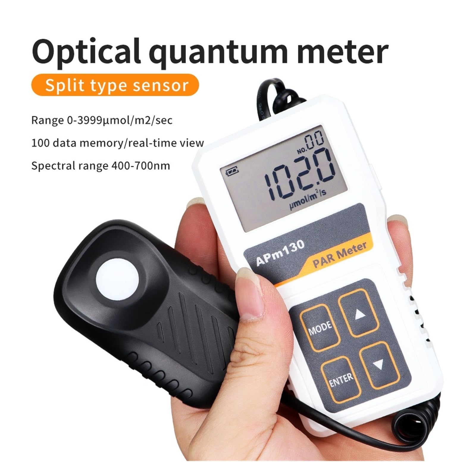 Medidor PAR digital APM130 con sensor impermeable PPFD 400-700 nm | Probador de luz de registro de datos de plantas de radiación fotosintética