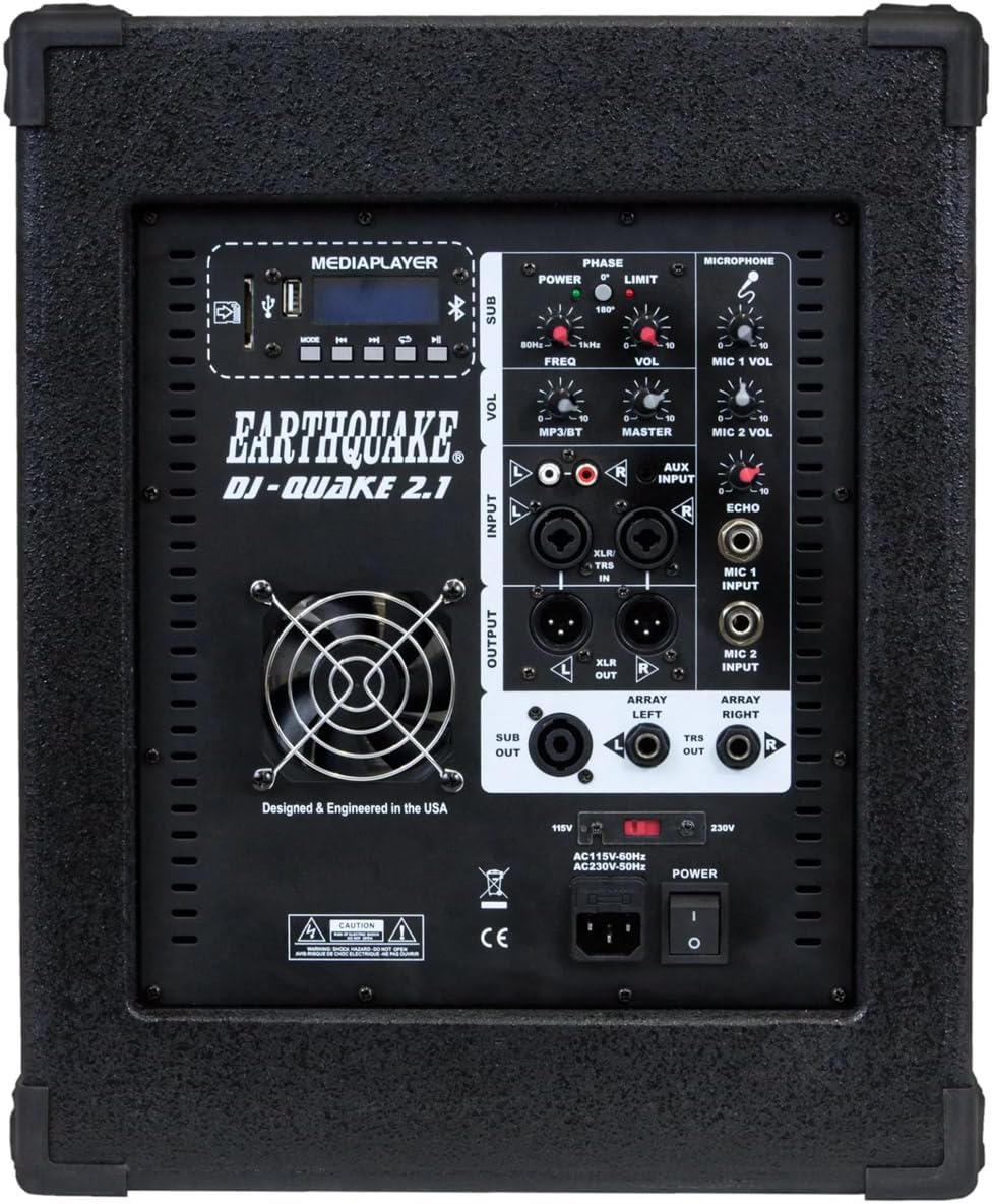 Earthquake Sound DJ-Quake (Ver 2) 12-inch 1200-Watt Subwoofer with Built-In Amplifier, USB/SD, and Bluetooth, Black