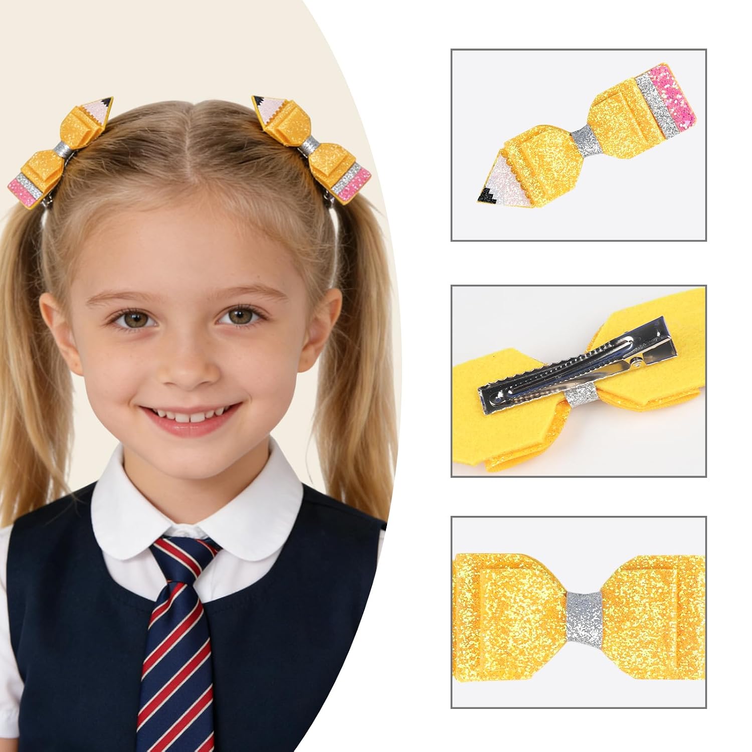 Back to School Hair Clips Glitter Pencil Bow Hair Barrettes Yellow Pencil Hair Bows Alligator Clips Cute Hair Accessories for Women Girls First Day of School Welcome Party Favors Supplies 2Pcs image 4