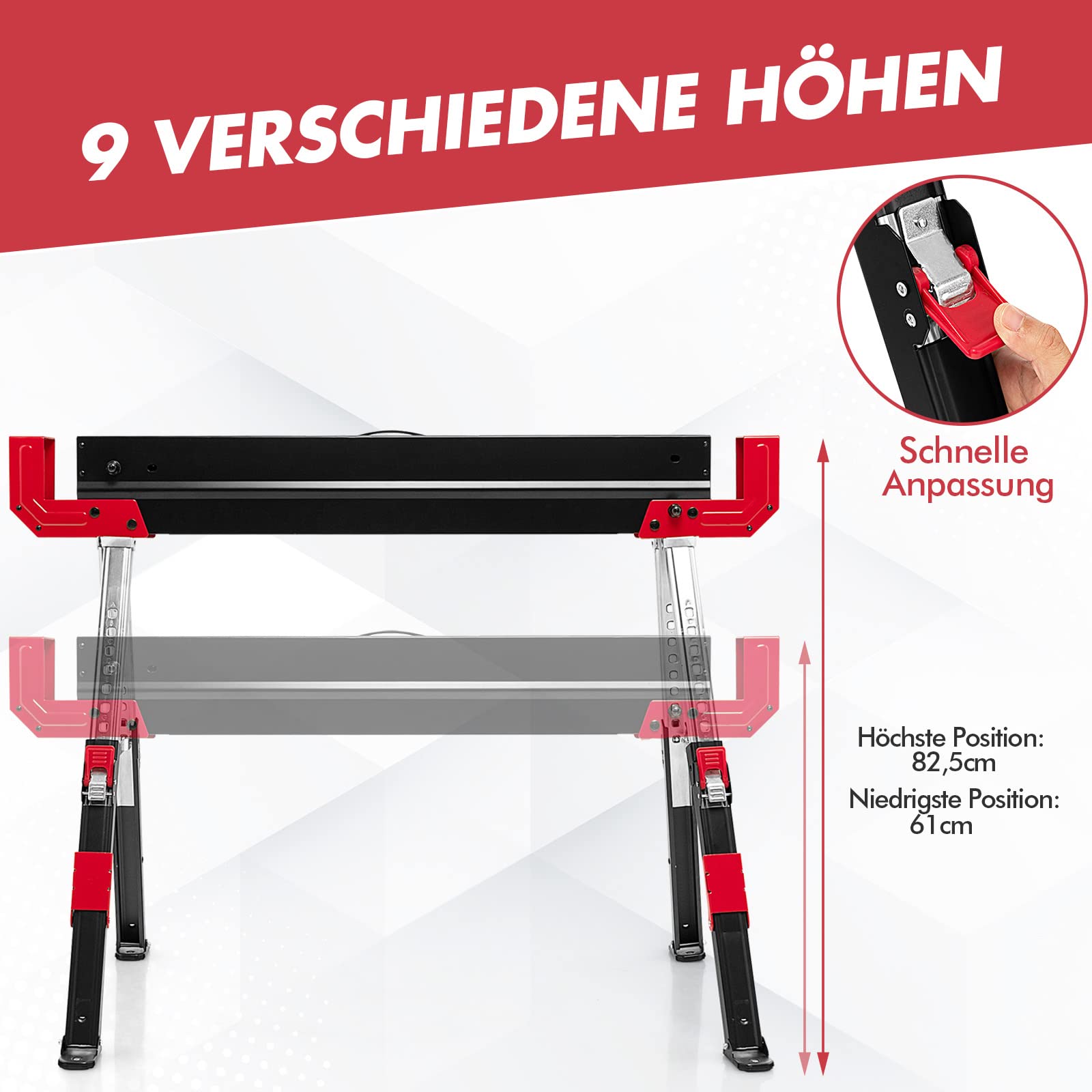 GYMAX 2er Set Sägebock höhenverstellbar 61,5–82,7 cm, tragbarer Arbeitsbock bis 1180 kg belastbar, klappbarer Unterstellbock, Werkstattbock mit Anti-Rutsch-Auflage & Tragegriff, Schwarz+Rot