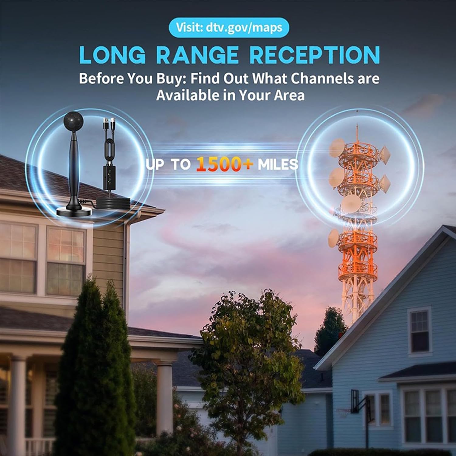 TV Antenna for Smart TV Indoor/Outdoor, TV Antenna for Local Channels, 2800+ Miles Range TV Antenna Outdoor with 360° Signal Strongest Booster, Supports 1080P 4K Reception HD, 16 FT Cable, Black