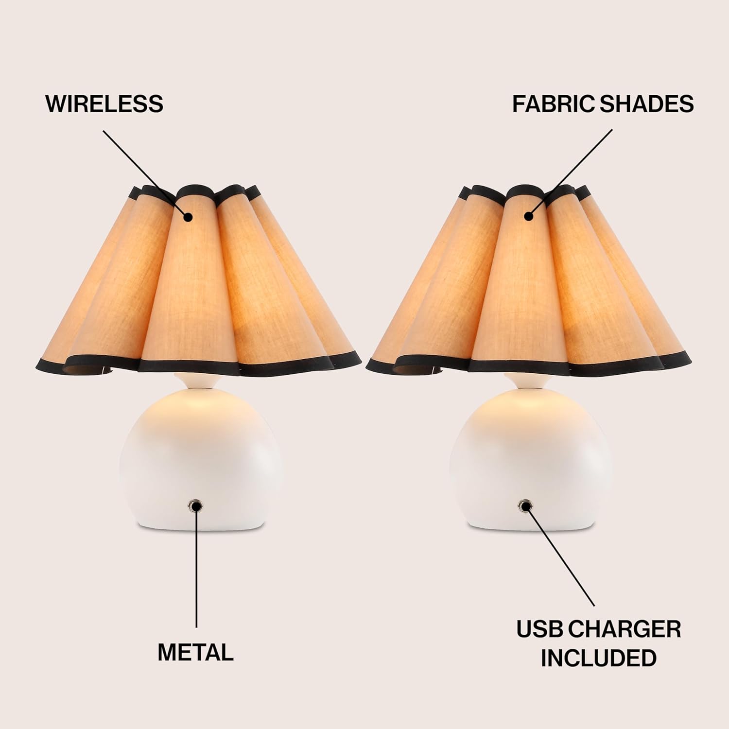 JONATHAN Y 10.5" Ivory Rechargeable Cordless Integrated LED Table Lamps Set of 2, Classic Vintage Scalloped Linen Shade, Dimmable Touch Sensor Accent Lamps JYL7157A-SET2