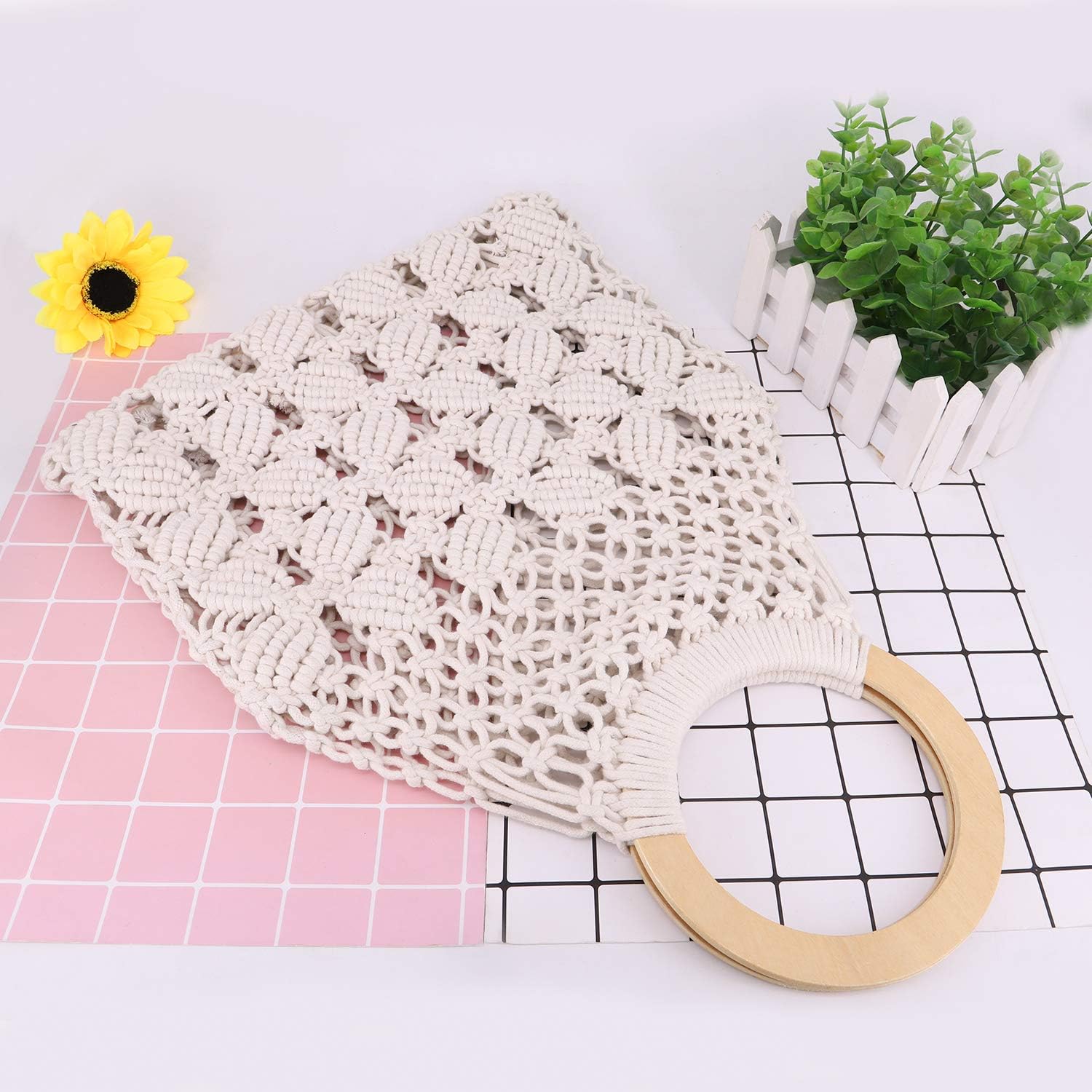 Boho Women's Summer Beach Straw Crochet Bag Hollow Out Hand-Woven Cotton Tote Bag Purse with Wooden Round Handle (White)