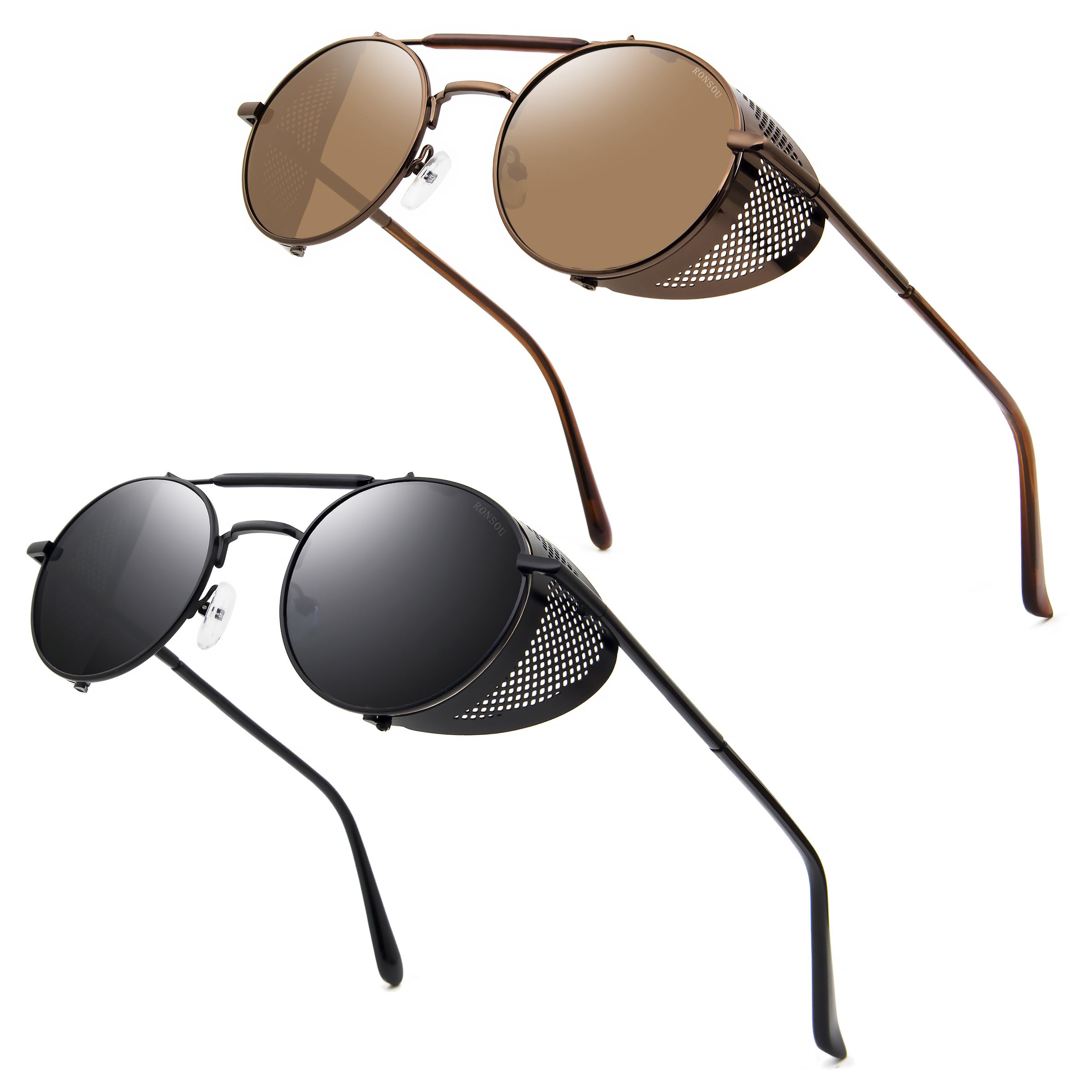 RONSOU Steampunk Round Sunglasses for Men Women, Side Shields