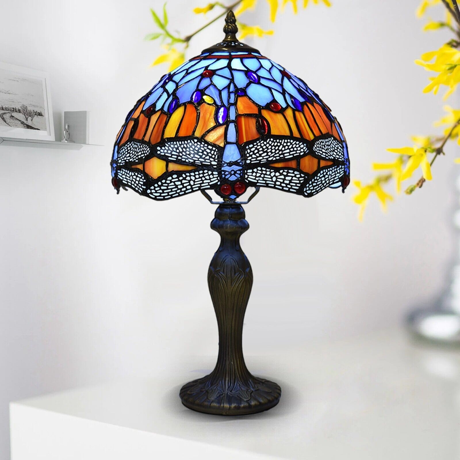 TIFFORA Tiffany Table Lamp – Stained Glass Bedside Lamp, Vintage Art Deco Desk Light for Bedroom, Living Room & Reading, 10 Inch, E27 LED Bulb Compatible Tiffany Style Lamps