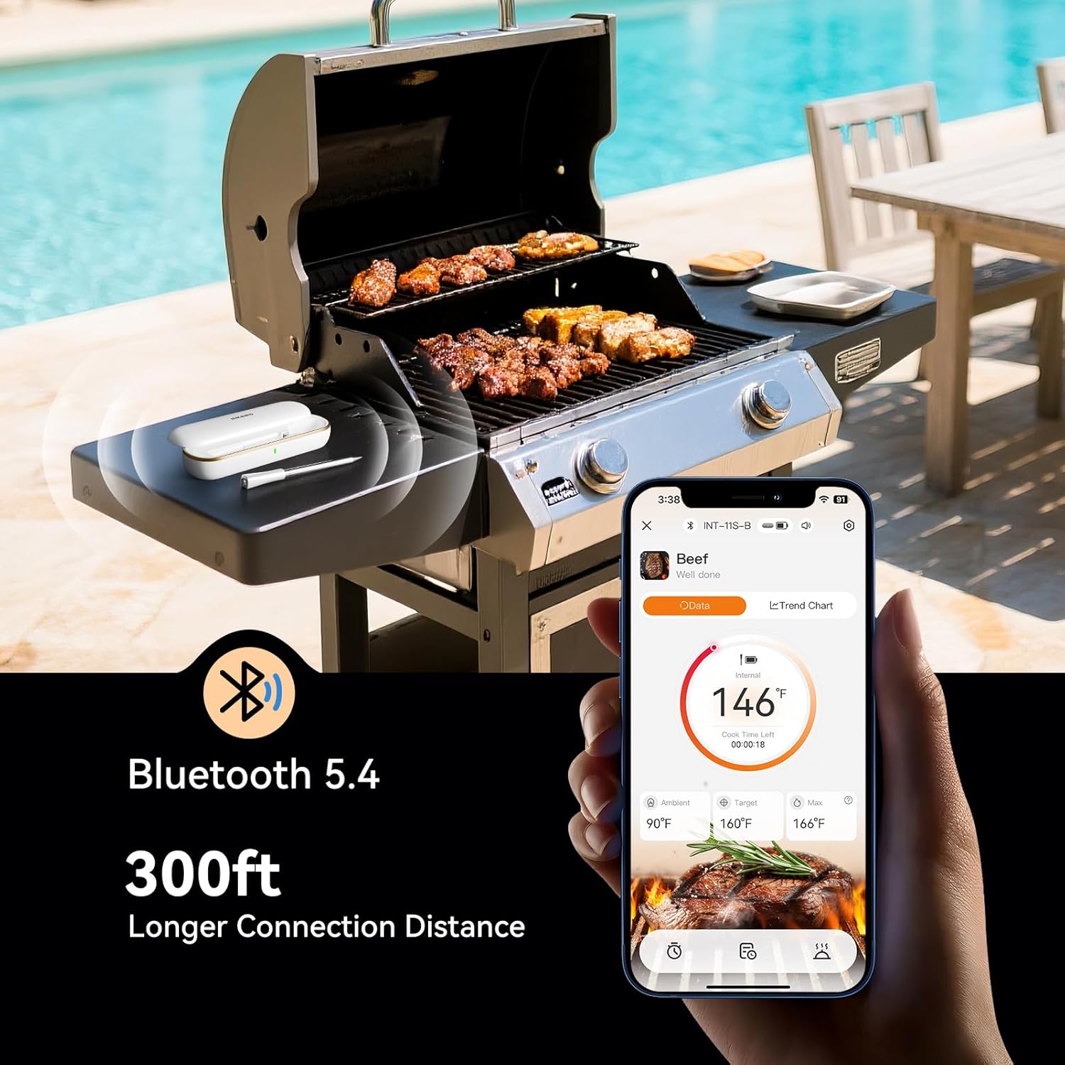 INKBIRD Wireless Meat Thermometer INT-11S-B, Bluetooth 5.4 Thermometer with Ultra-High Detection Accuracy of ±0.5°F, 5 Sensors in 1 Probe Smart Meat Thermometer for Grills, Ovens, Smokers, Air Fryers