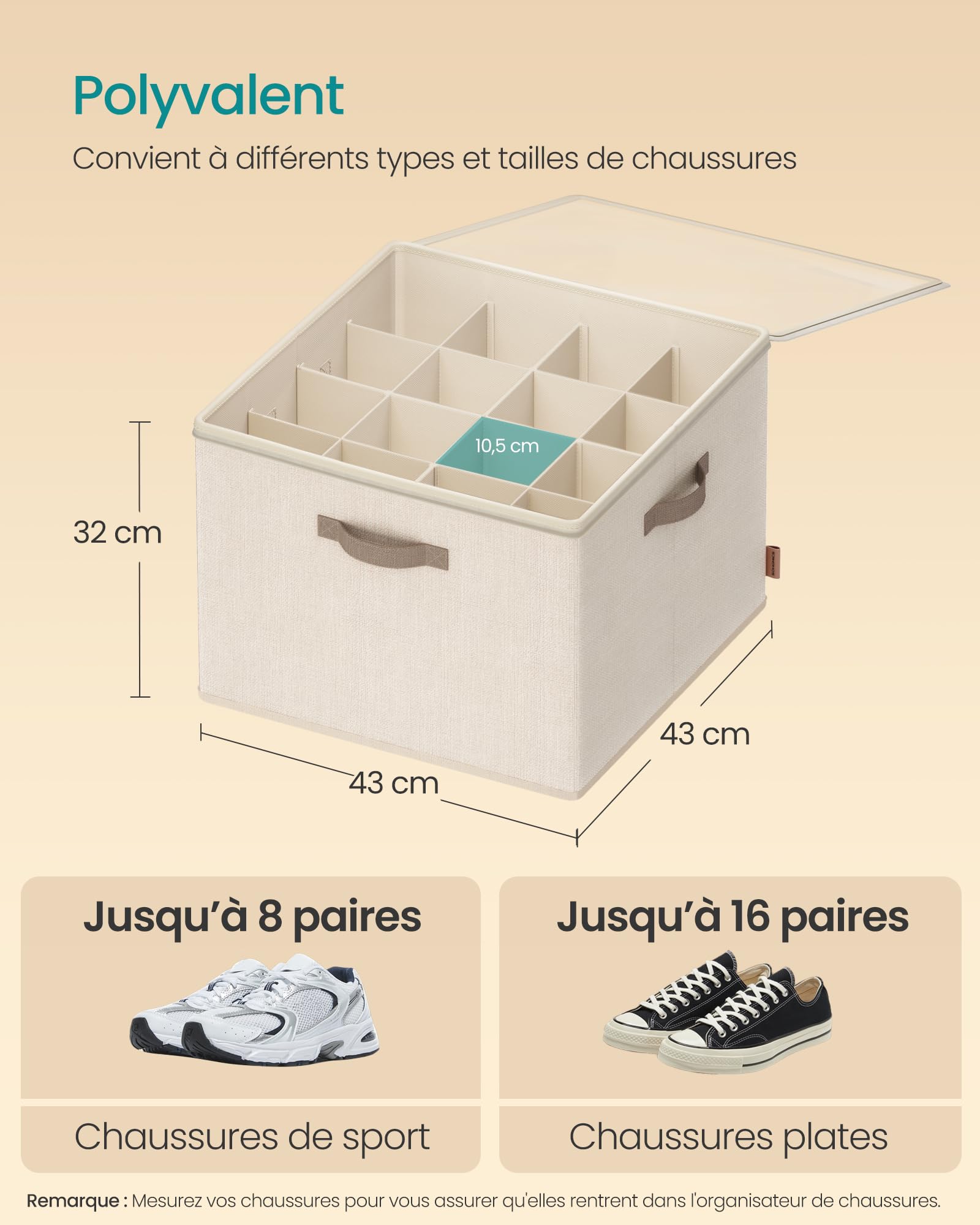 SONGMICS Organiseur de Chaussures, pour jusqu’à 16 Paires, Boîte de Rangement Gain de Place, Séparateurs Réglables, Empilable, Couvercle Transparent, Lot de 2, Beige Cappuccino LSP622LH01