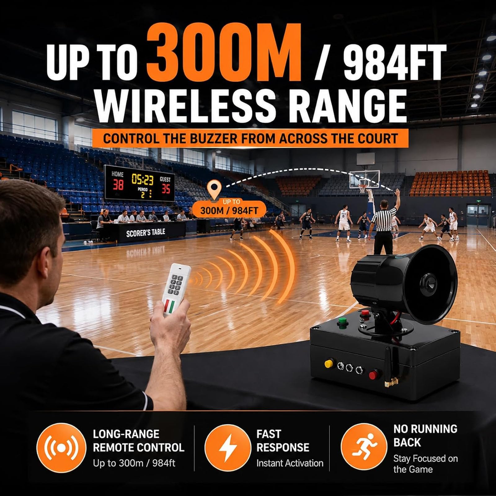 Buzzer da 130 Db per Partite di Basket, Controller A Pulsanti con Telecomando, Controllo Wireless A 300 M/984 Piedi, Volume Regolabile, per Fine Quarto, Timeout, Notifica Falli, Sostituzione