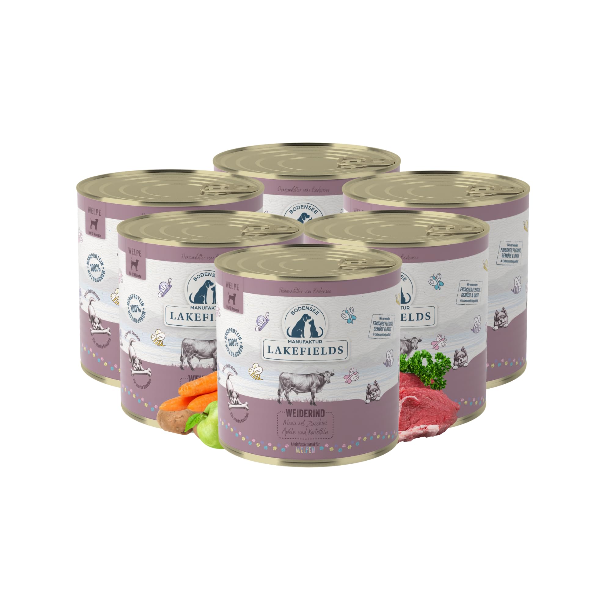 Lakefields Nourriture humide de qualité supérieure pour chiots - Bœuf 61 % - 6 x 800 g - Sans céréales - Ingrédients naturels de qualité alimentaire - Pommes, courgettes et carottes - Cuites