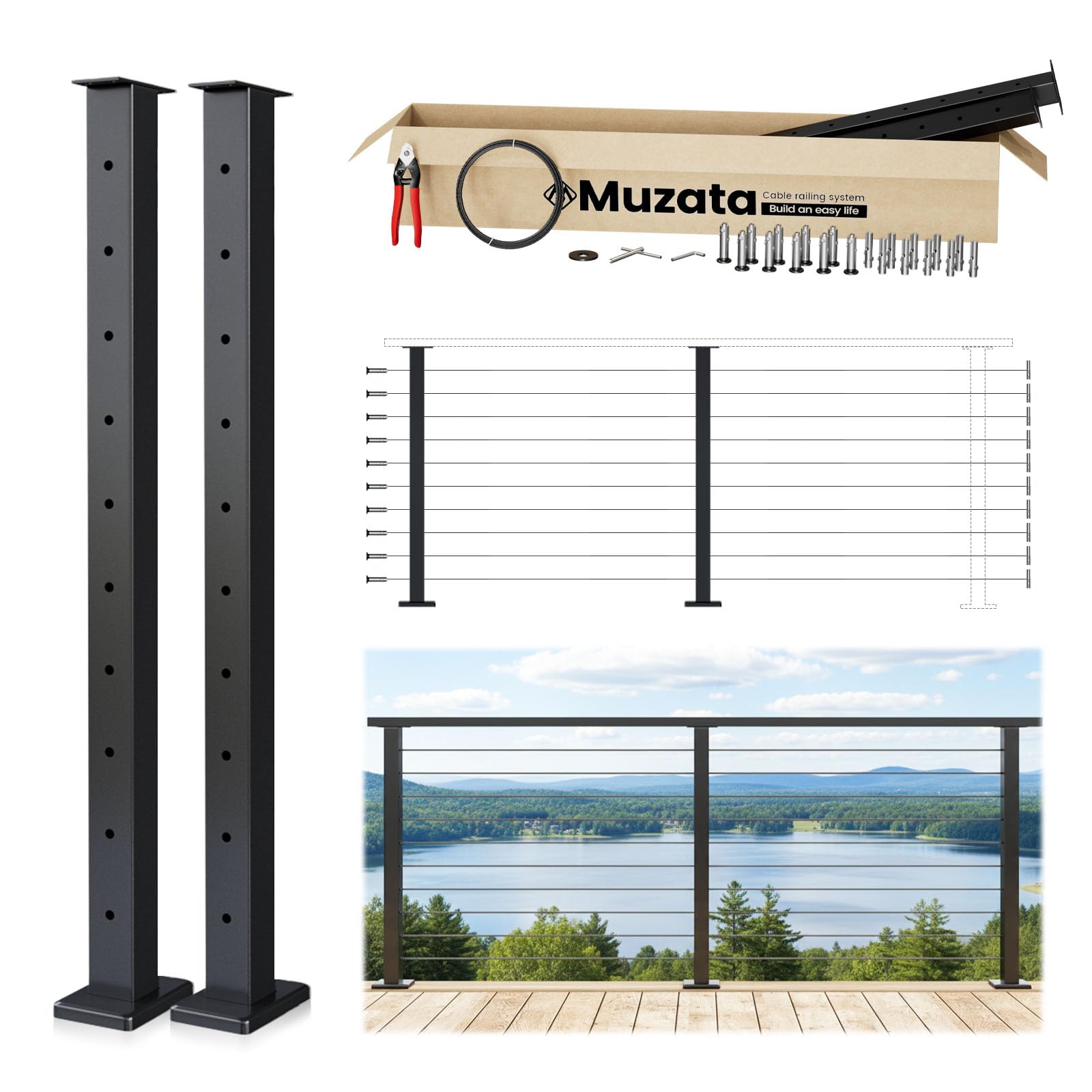 4-8FT Modular Black Cable Railing Kit 36 Inch 2 Level Post Kit Complete Set Cable Railing System for Decks Length Adjustable Easy DIY with Paper User Guide (No Handrail) RW17