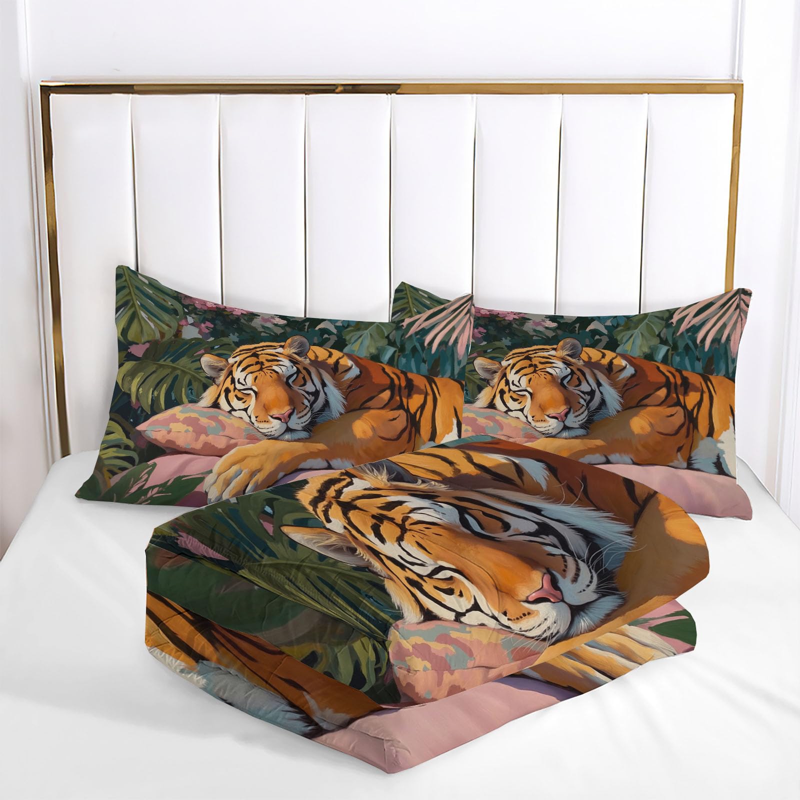 Trapunta Letto Matrimoniale 4 Stagioni Piumone per Bambini, Tigre Addormentata Leggero Acquerello Tropicale Giungla Set di Biancheria da Letto 200x200cm con 2 Federe,Piumino Lavabile In Lavatrice
