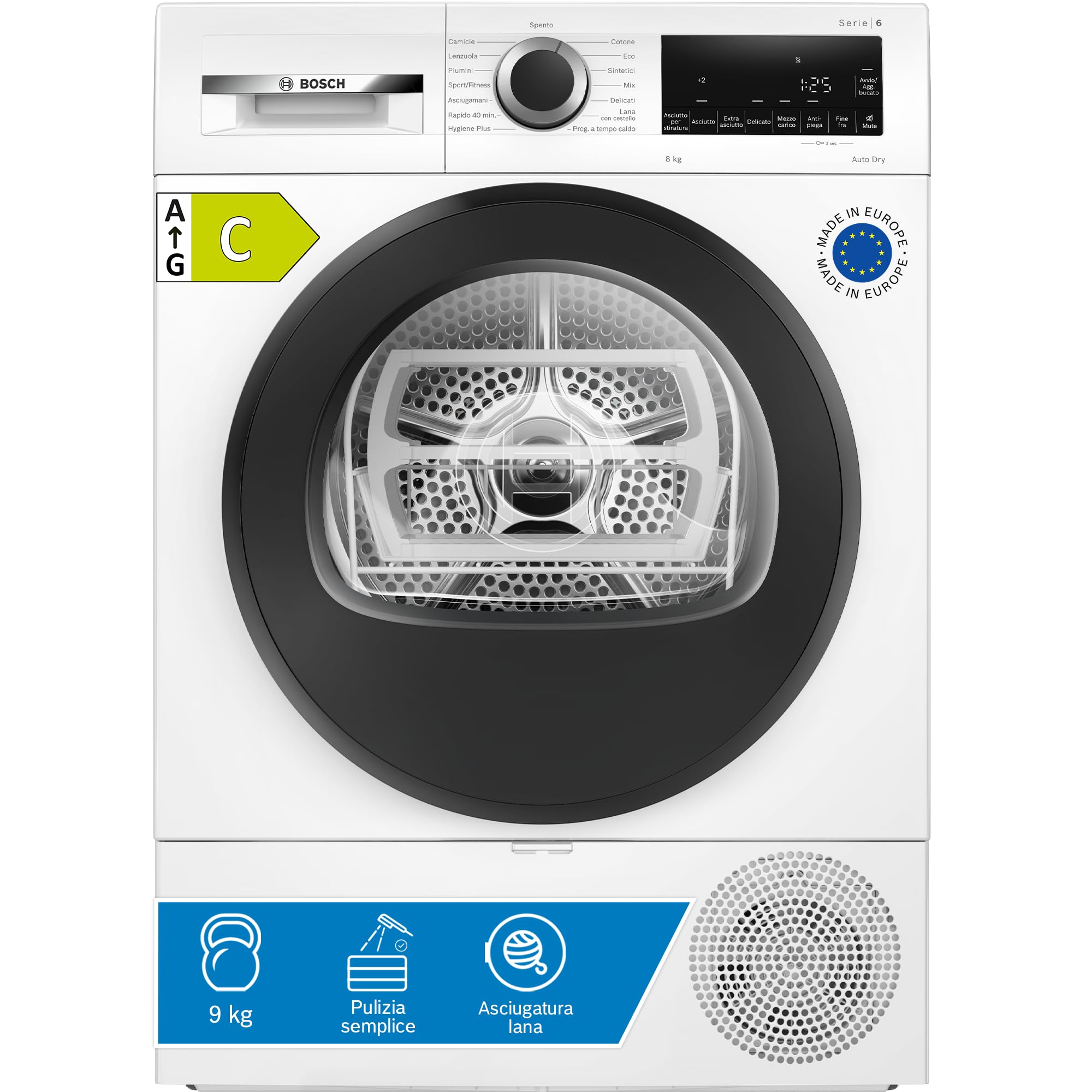 Bosch WQG233D0IT Serie 6 Asciugatrice smart a pompa di calore, 8 kg, Classe energetica C, Sensori di asciugatura intelligenti, Programma Hygiene Plus, Cestello per capi in lana,Bianco, 60 Cm