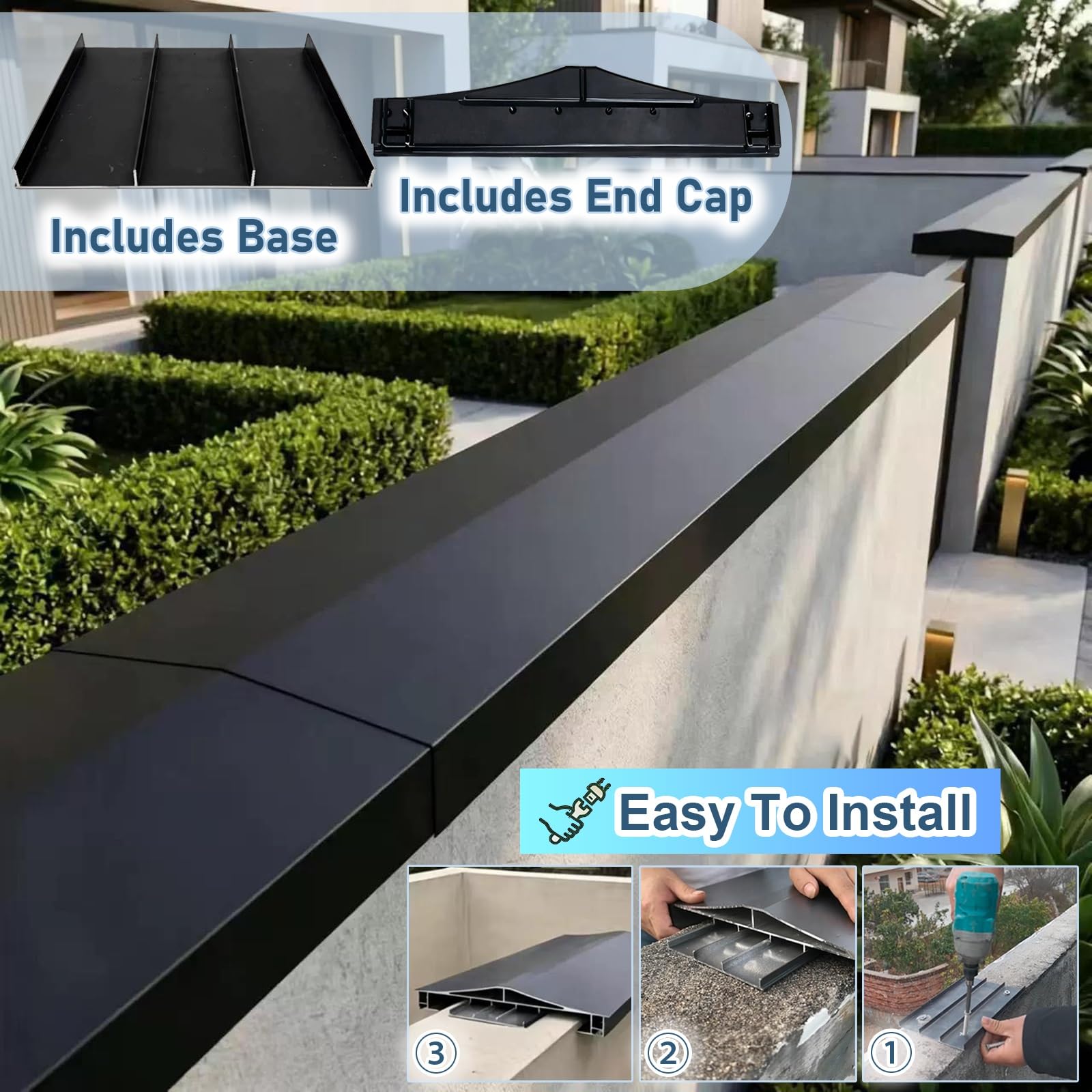 Regenschutz for Brüstungswände aus Aluminium – zuschneidbare Akzentkappe for die Gartenmauer mit LED-Lichtleistenkanälen – langlebig, wetterbeständig(268-316mm,3.1ft)