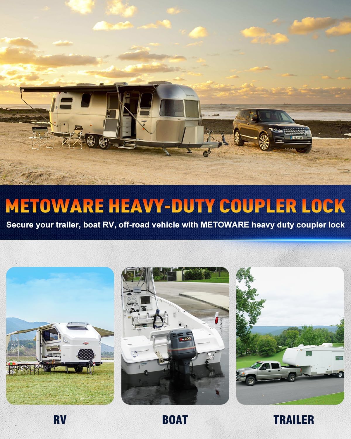 METOWARE Universal Trailer Coupler Lock - Heavy Duty Anti-Theft Lock with Fixed Slider, Fits 1-7/8", 2", 2-5/16" Couplers - Secure All-Weather Design for RV, Boat, Cargo & Utility Trailers