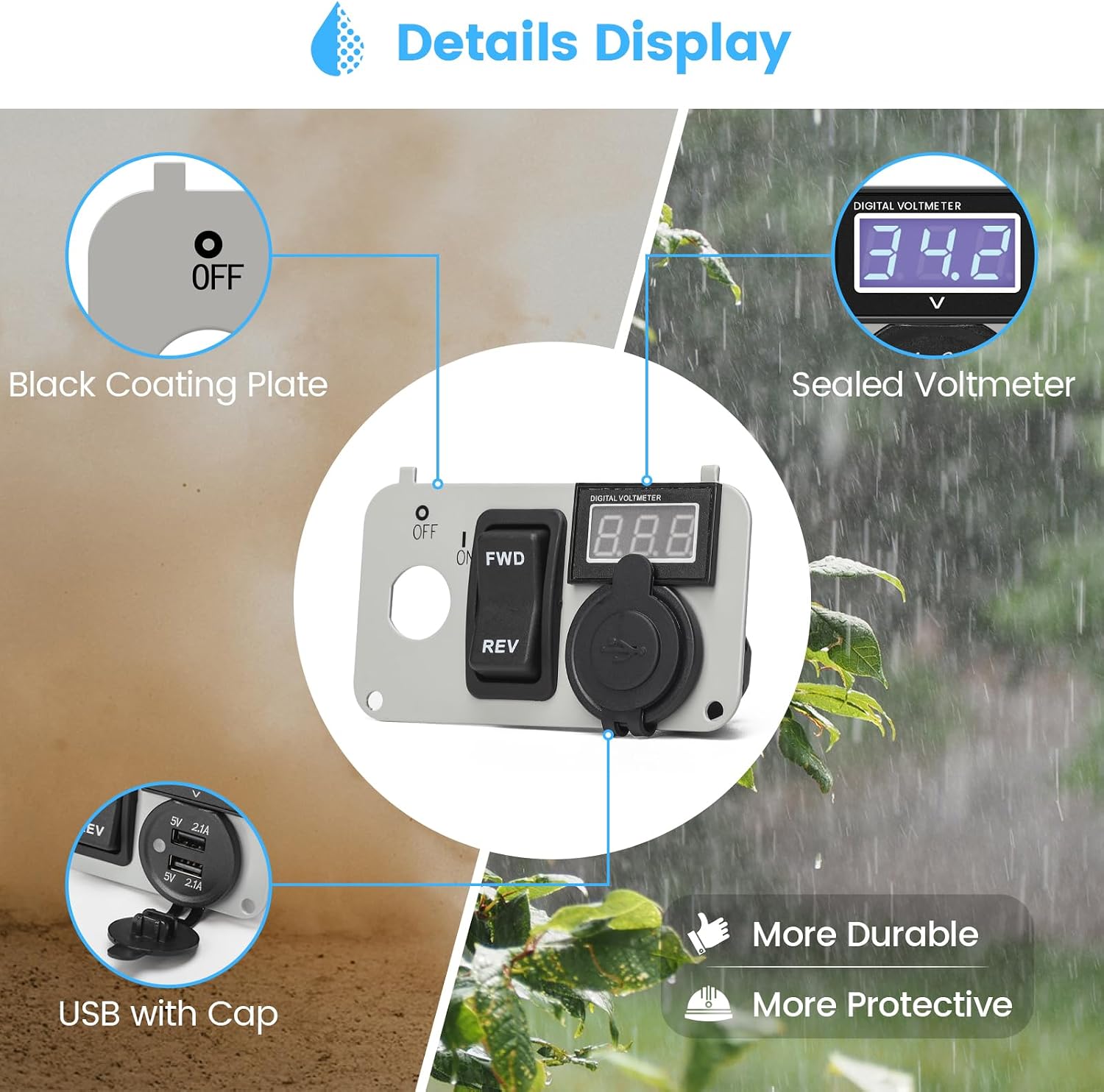 briidea 3 in 1 Multifunctional Integrated Panel with DC 12V-90V 4.2A Dual USB Charger Sockets, LED Wide Range Voltmeter & Forward Reverse Switch, Golf Cart Accessories for EZGO TXT, PDS & Medalist