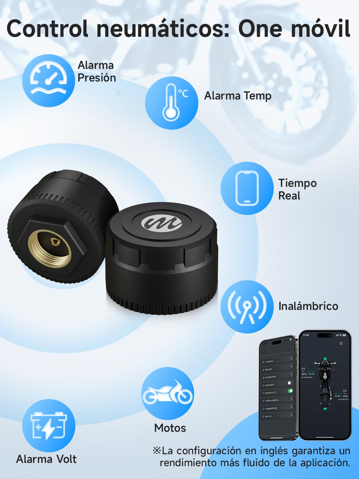 Moman Sistema TPMS Moto 2 Sensores, Monitor Presión y Temperatura Neumáticos con Alarma Manómetro de Presión de Neumáticos, Inalámbrico Solo iOS