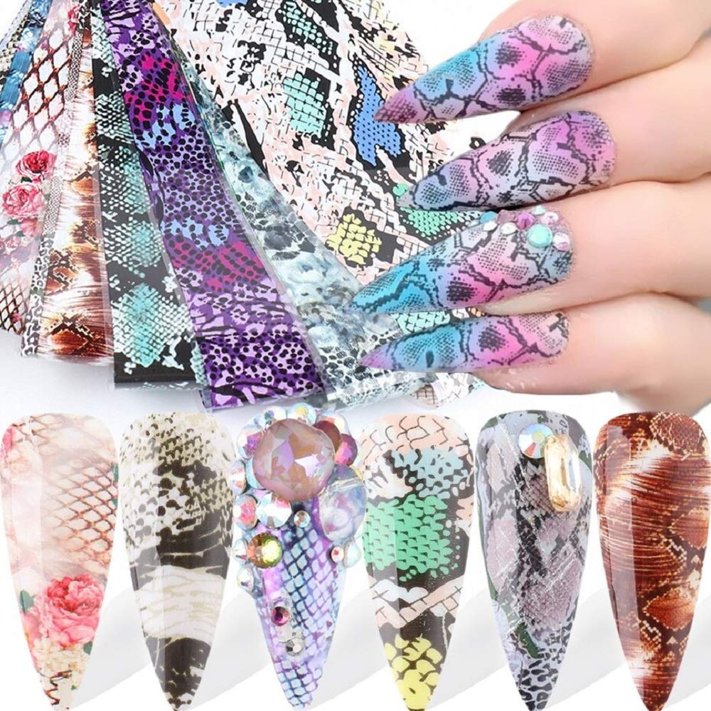 10pcs Zebra Pattern Nail Foil Snake Leopard Print Sticker Transfer Pelle Animale 20x4cm Wild Sexy Slider Accessori per Unghie (Leopardo Trasparente) (Sw3115)