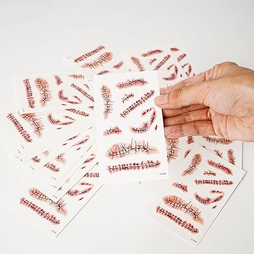 Miniatura 3 de 20 hojas de tatuajes temporales de zombi de Halloween, tatuajes de sangre falsos de cicatriz de Chucky, impermeables, realistas, puntadas de