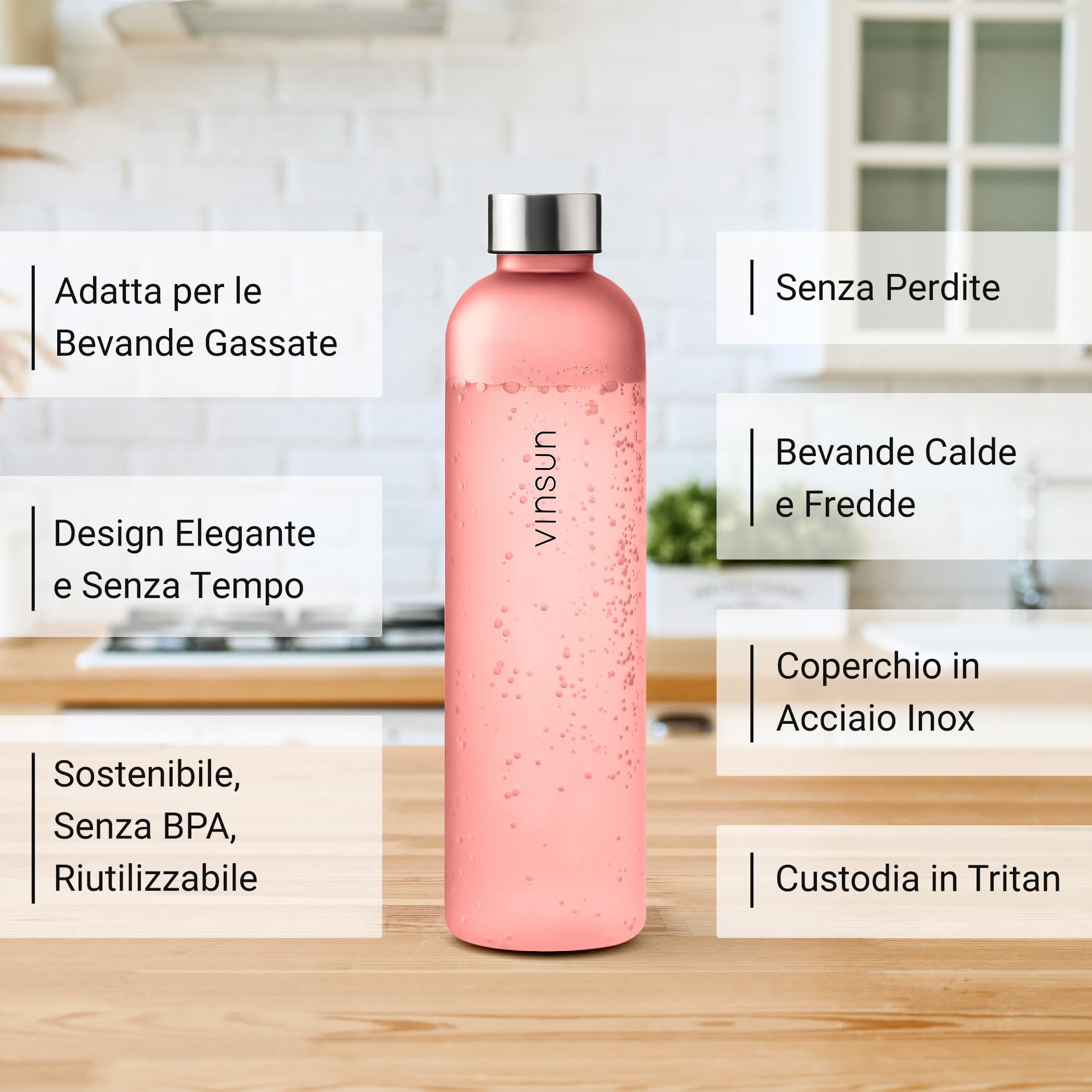 VINSUN Borraccia 1 litro in Tritan Rosa - Riutilizzabile, Senza BPA, Bevande Gassate - Bottiglia Acqua Sostenibile per Palestra, Bici, Sport, Scuola, Università