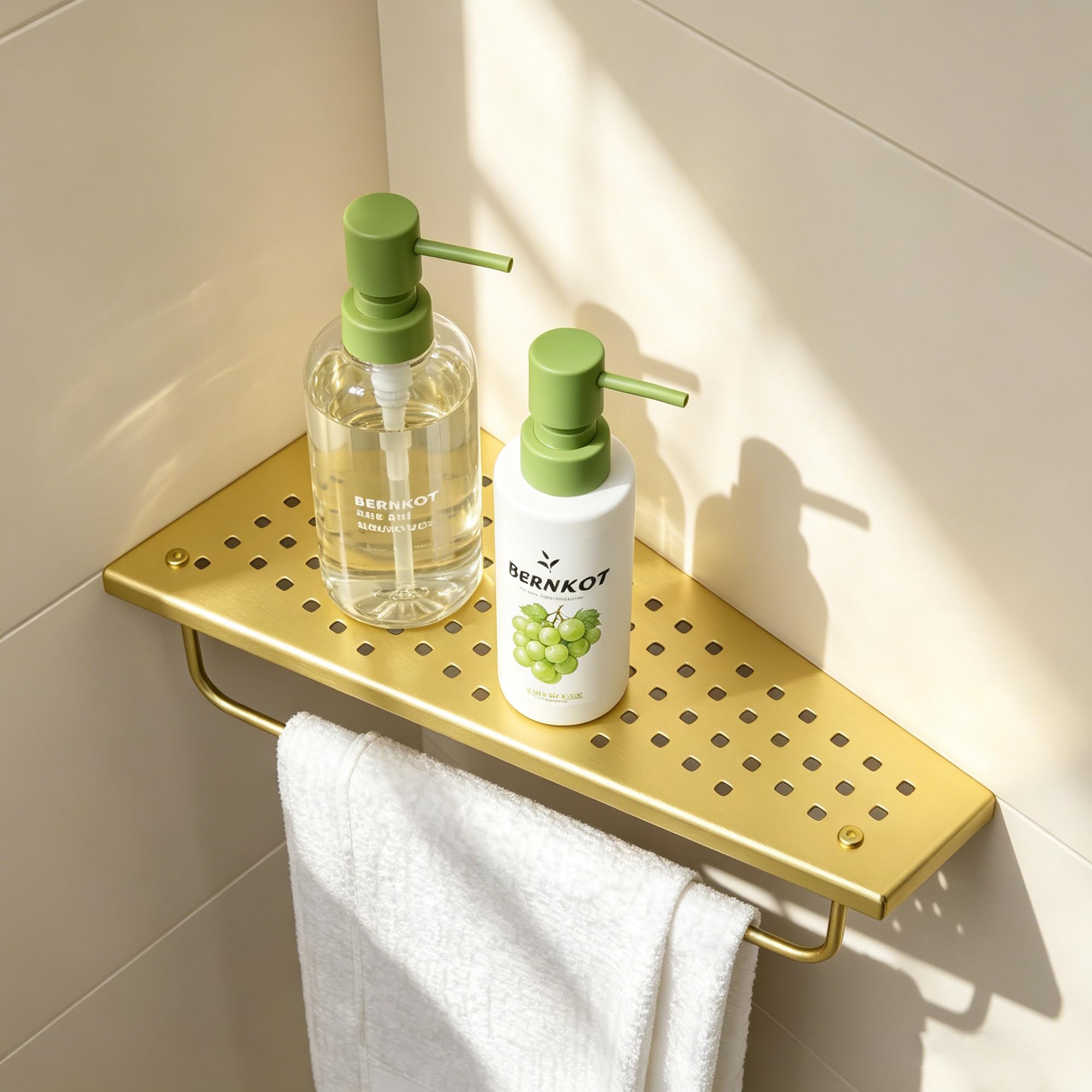 Estante de pared de acero inoxidable 304, estante de ducha sin taladrar con barra de toalla, moderno diseño flotante para baño, ducha y cocina, organizador de champú antióxido, 305 x 155 mm