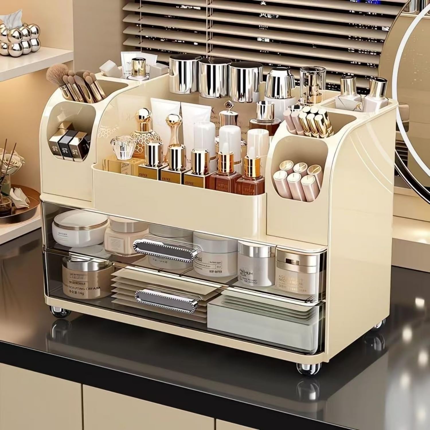 Makeup Organizer with Drawers for Vanity,Bathroom Countertop Organizer with Brushes Holder,Skincare Storage Organizer,Perfect Cosmetic Display Case