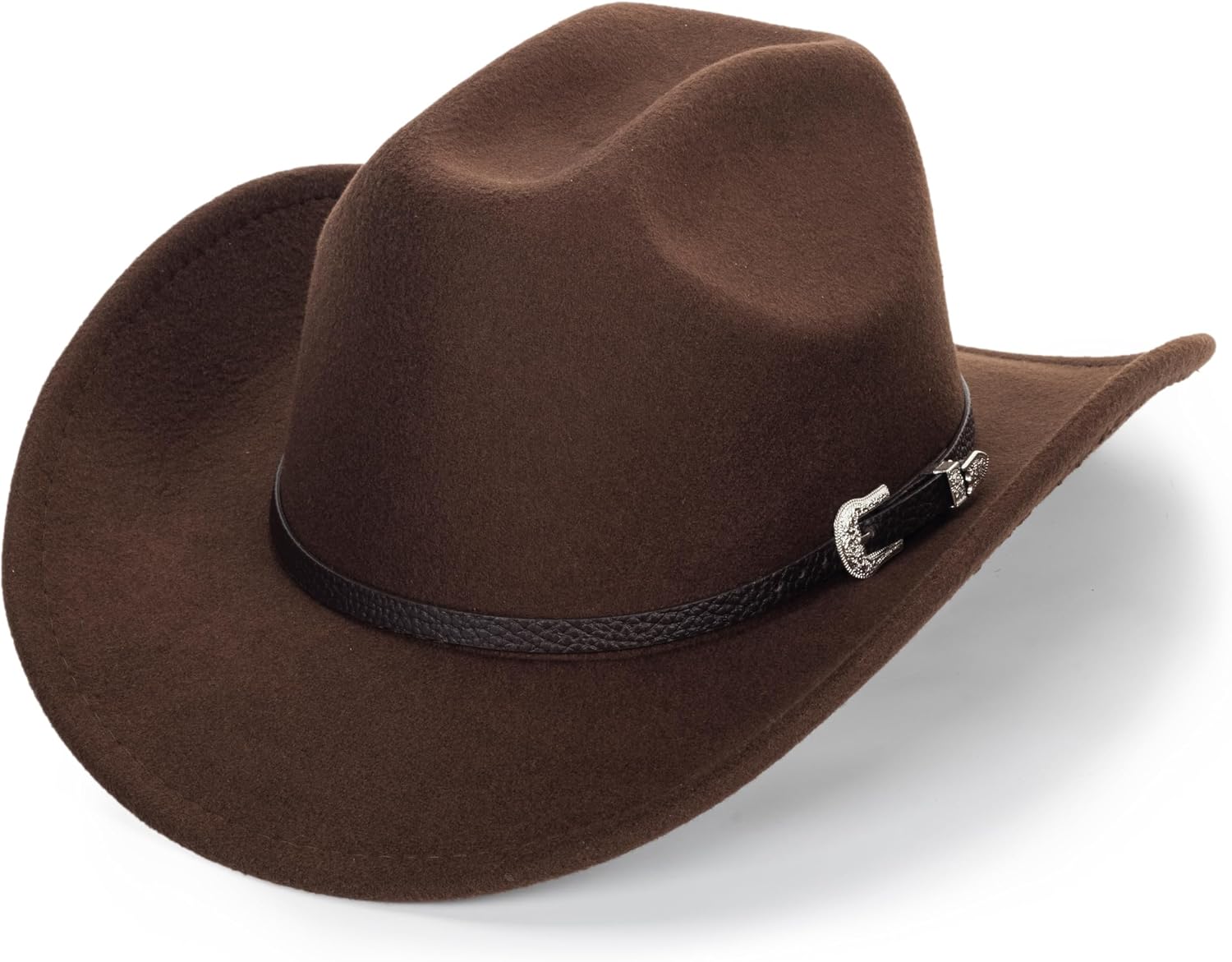 Classic Black Western Felt Roll Up Brim Cowboy and Cowgirl Hat for Women and Men - Decoration with Western Belt Bukle