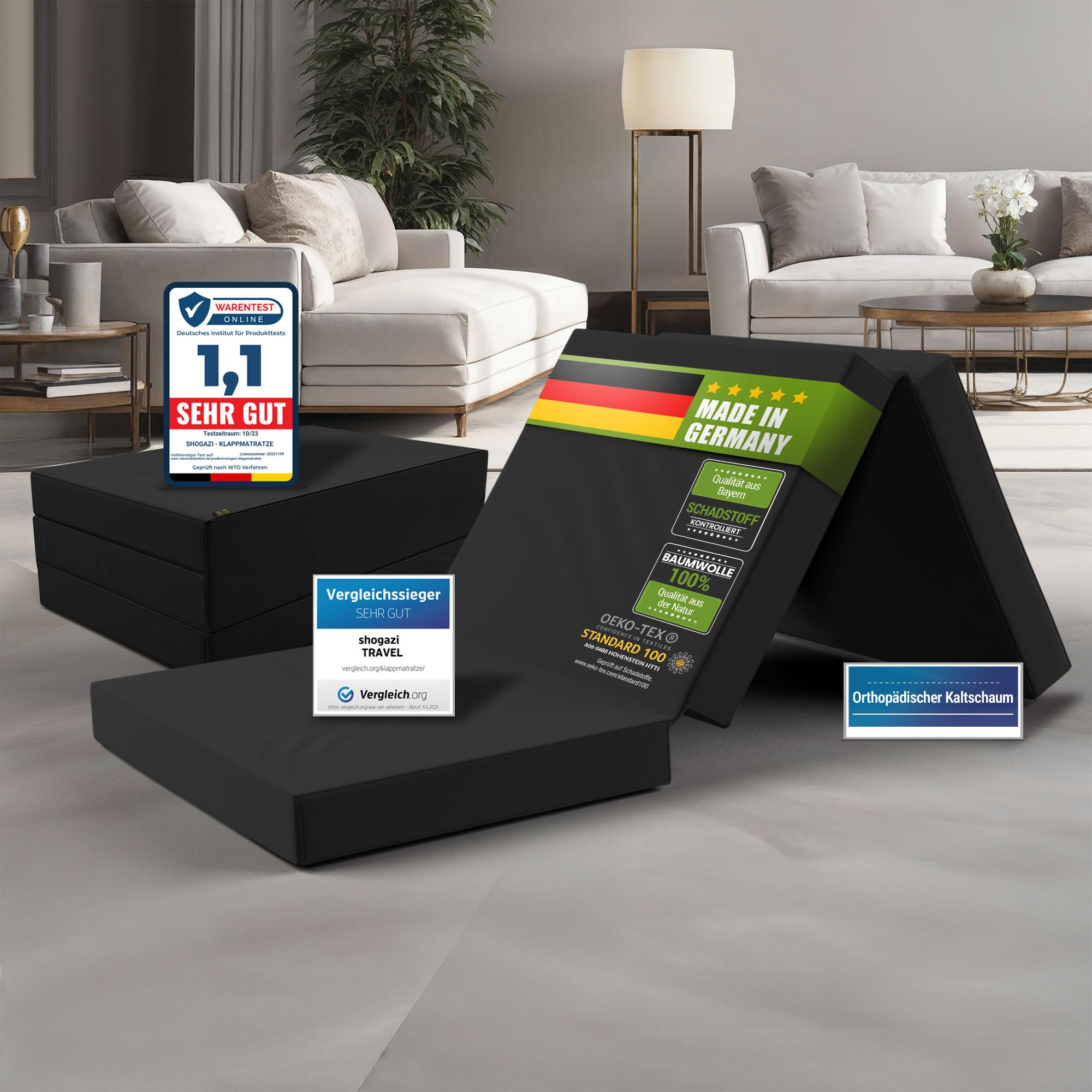 Składany materac 90 x 200 x 12 cm Shogazi® TRAVEL, materac dla gości, 3-częściowy, kostka rehabilitacyjna, wysokiej jakości zimna pianka, bawełniana poszewka nadaje się do prania, wykonano w Niemczech, antracytowa