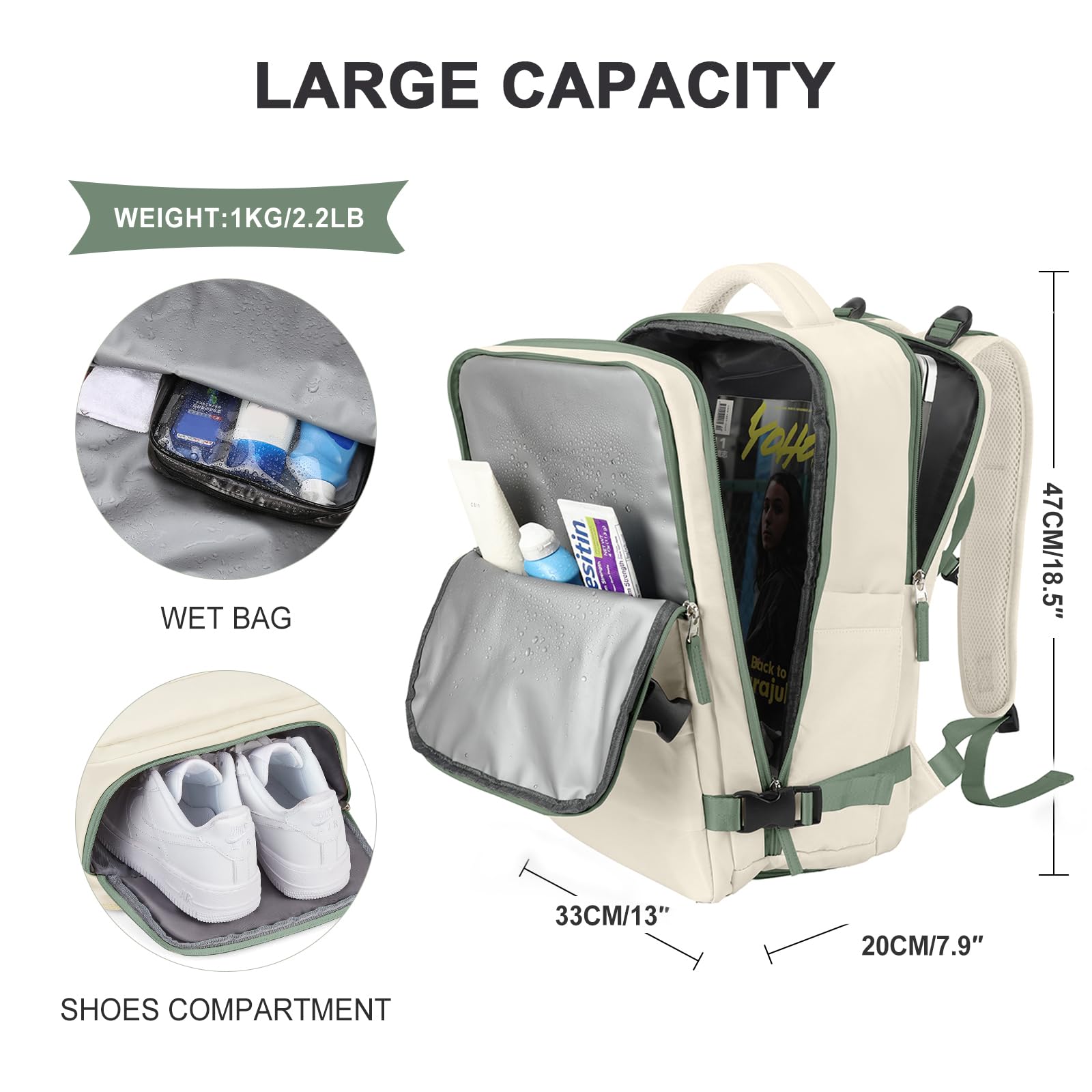 SZLX Zaino da viaggio grande da donna da viaggio zaino da escursionismo sportivo da esterno impermeabile zaino da scuola casual laptop da 14 pollici con porta di ricarica USB scomparto per scarpe