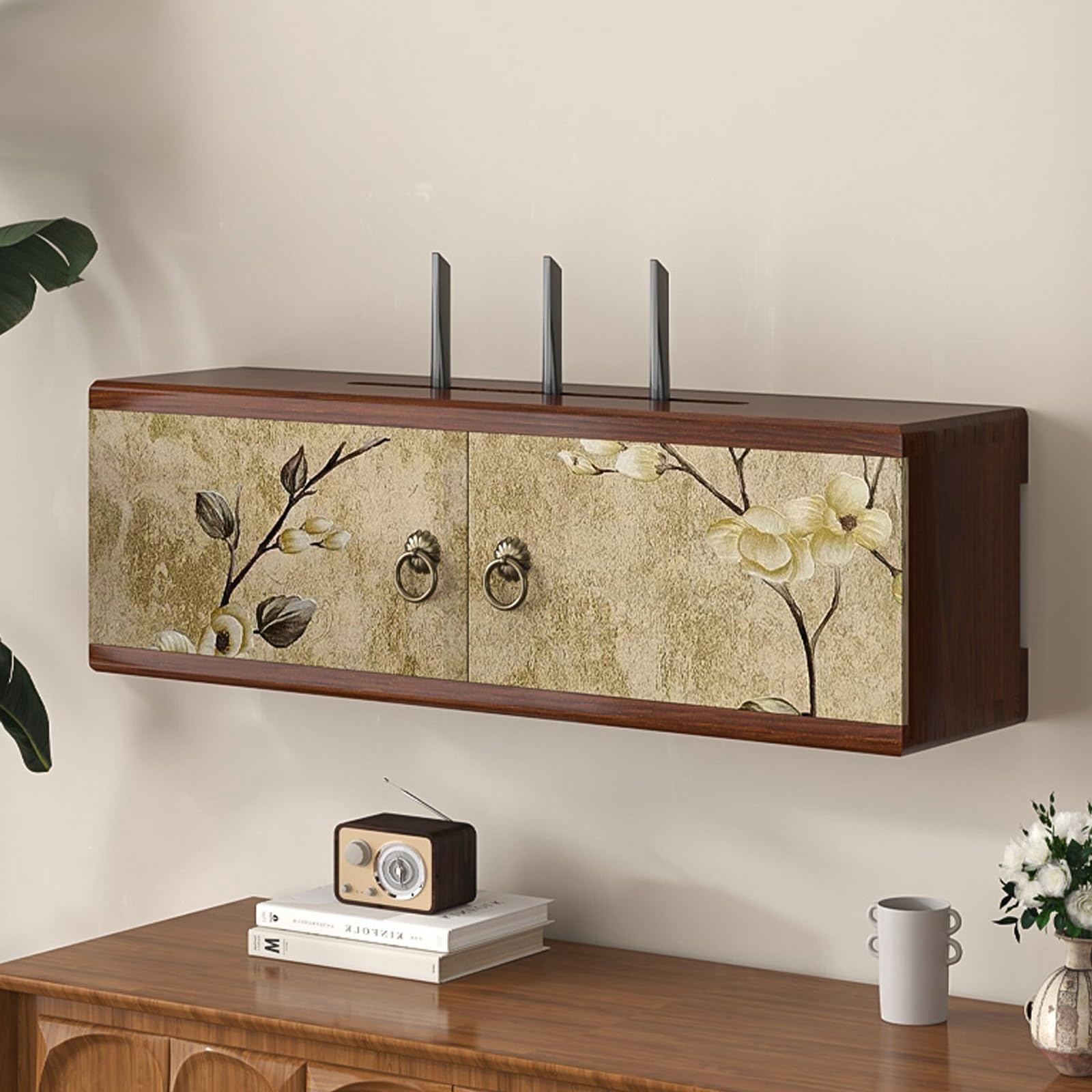 MESCXTY Wooden Wall-Mounted WiFi Router Hidden Storage Box Power Strip Shelf, Cabinet, Modem and Cable Management Hider Organizer(Brown A,48cm/18.9in)