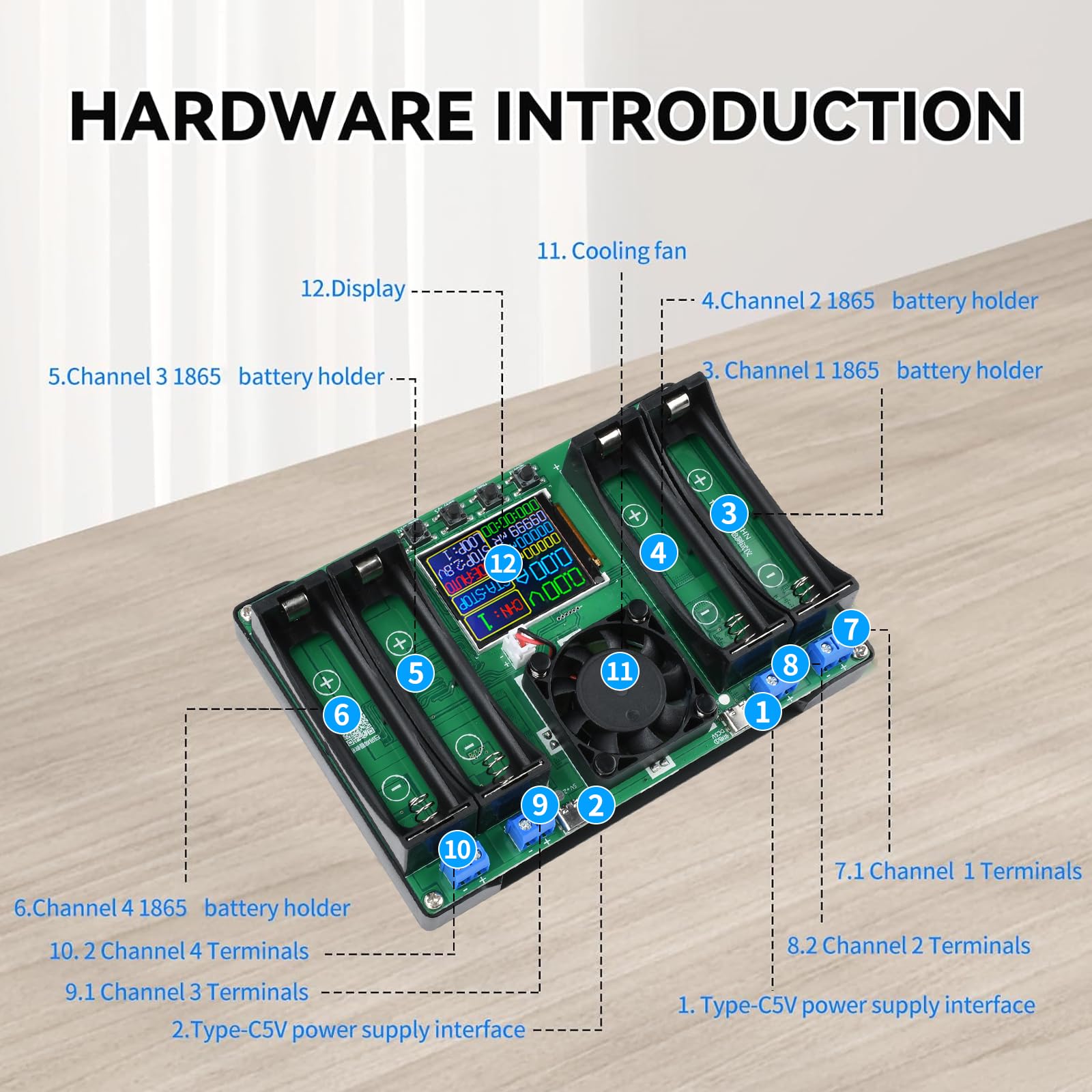 Batteriekapazitätstester DC5V Batterie-Innenwiderstandstester Modul Kapazität Spannung Strom Leistung mit Typ-C LCD-Display für Lithiumbatterie 4 Kanäle