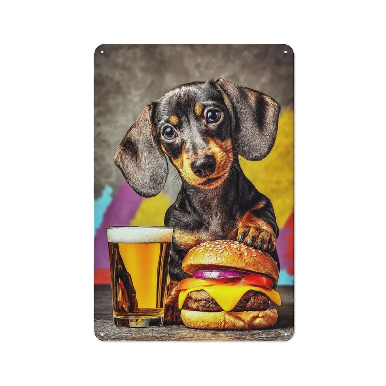 Junmoney Dog With Burger And Beer Cottage Metal Wall Decor 30X20cm, Shed Metal Sign For Patio Bar, Workshop, Shed Or Kitchen