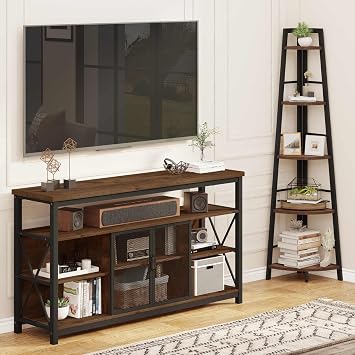 BON AUGURE Rustic Corner Ladder Shelf with Tall TV Stand for TVs up to 65 Inch, Industrial Entertainment Center with Storage Cabinet,Farmhouse Furniture for Living Room and Bedroom Rustic Oak