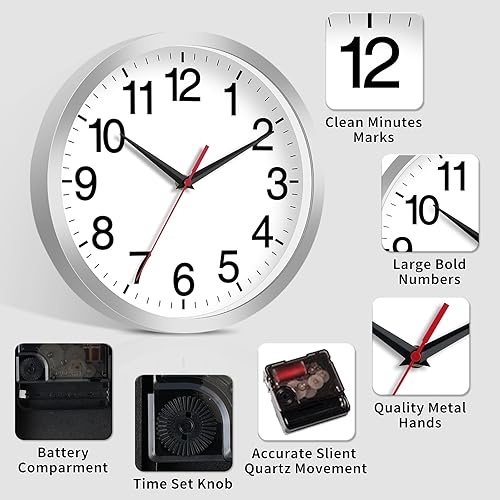 Miniatura 4 de Reloj de pared de 12 pulgadas, moderno reloj de pared a pilas, reloj analógico silencioso sin tictac para dormitorio, cocina, baño, oficina, hogar,