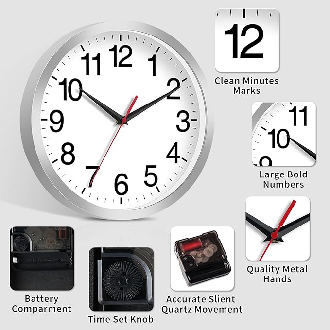 Reloj de Pared Rohioue 14 Pulgadas Analógico Plateado Silencioso miniatura 6