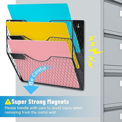 Miniatura 5 de Organizador magnético de archivos de 3 bolsillos para oficina y hogar, cargador vertical y soporte de correo con montaje sin taladrar para pared,
